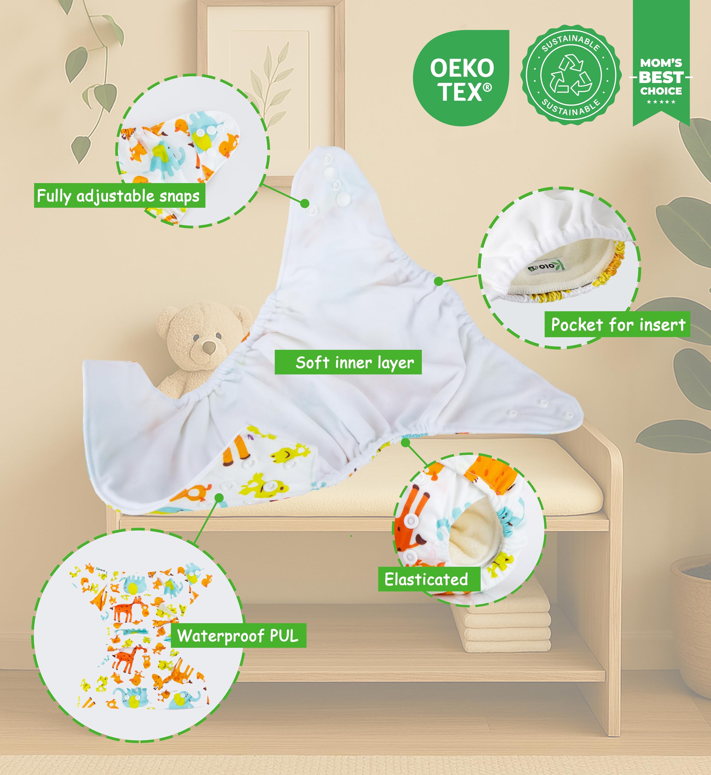 Set di 6 Pannolini Lavabili Riutilizzabili per Bambini e Neonati con Inserti in Bambù e Wetbag Oeko Tex Standard 100