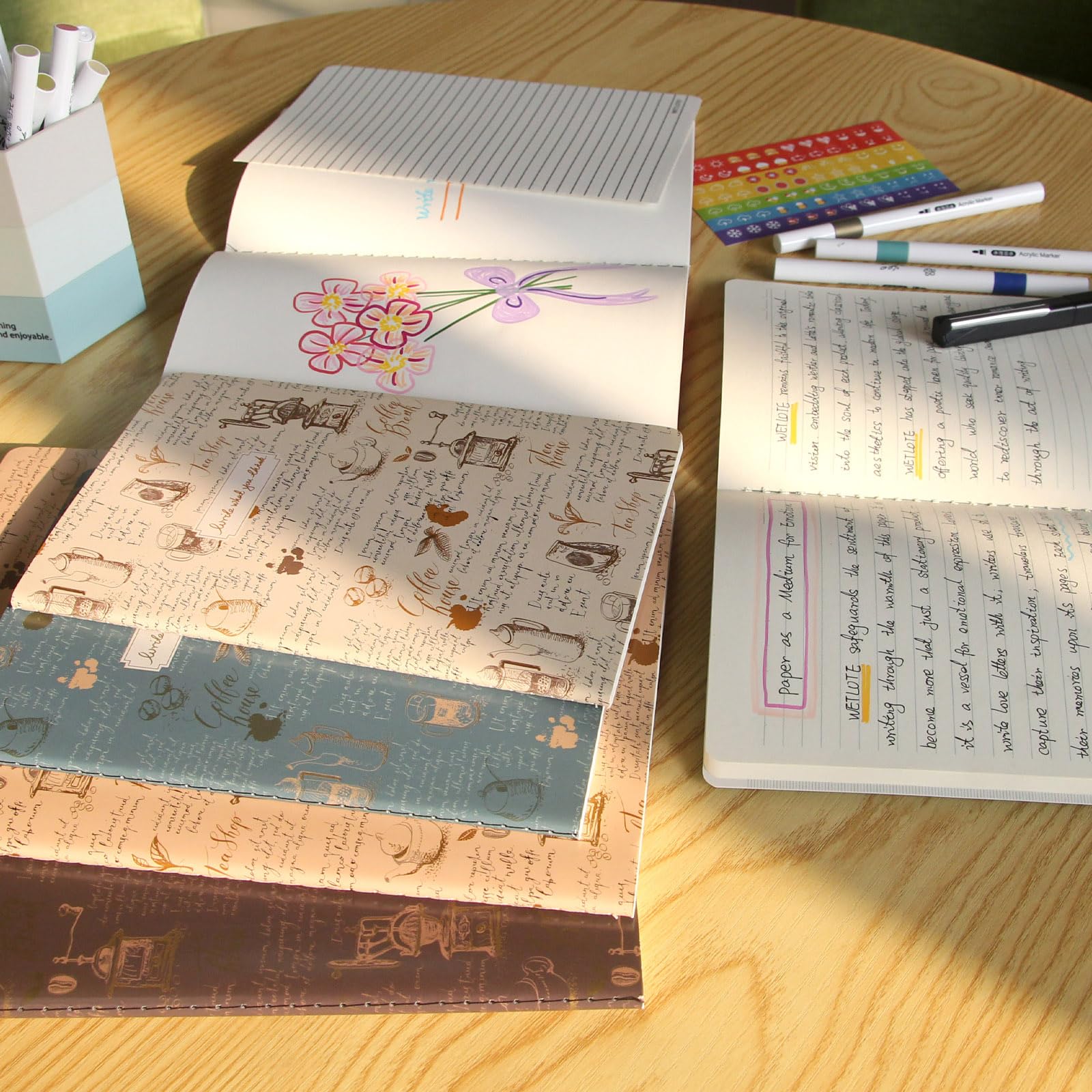 A4 Notizbuch 8er Set mit Fadenheftung, Leer, 48Blatt (96 Seiten), 70g/m², Softcover Vintage Stil (4 Farben) - & Studienhefte für Schule Büro Lernen