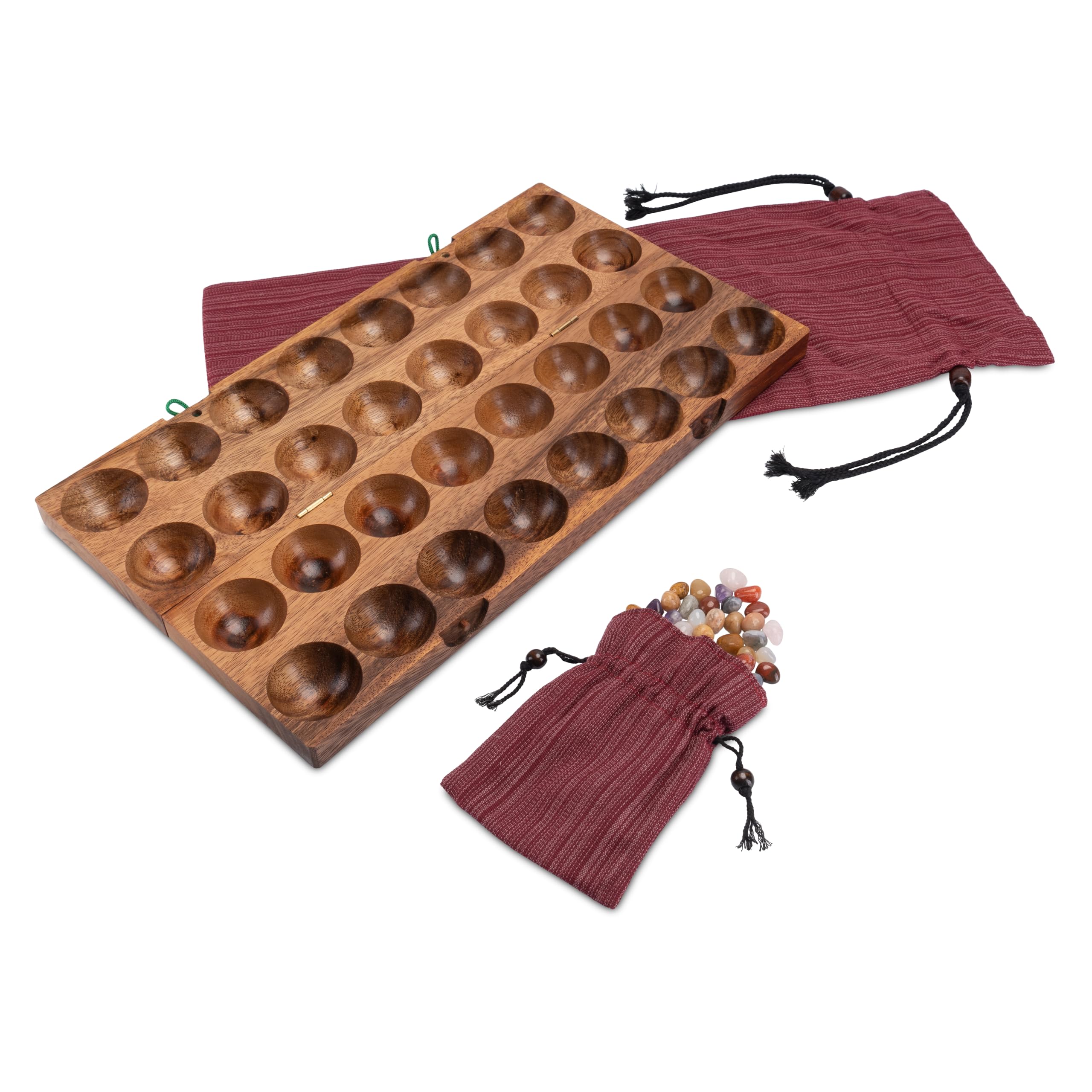 Hus - Bao - Kalaha - Bohnenspiel - Muschelspiel - Edelsteinspiel aus Samena-Holz inkl. 75 Edelsteinen und Stoffbeutel