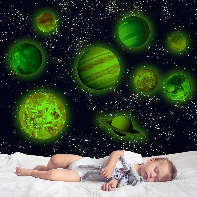Glow in The Dark Planet Wall Stickers, MOCOLOM Realistic Glowing Solar System Wall Decal, Luminous Fluorescent Shining Space Decoration for Ceiling Kids Girls Boys Bedroom Living Room Nursery
