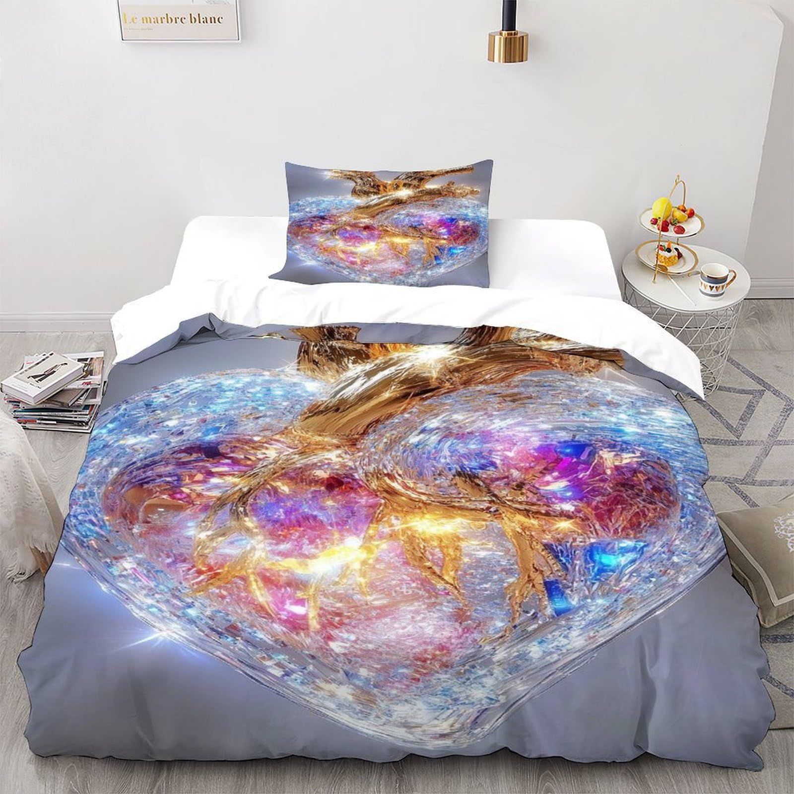 Parure de couette bohéme en microfibre lit simple avec taie d'oreiller motif cœur cristal