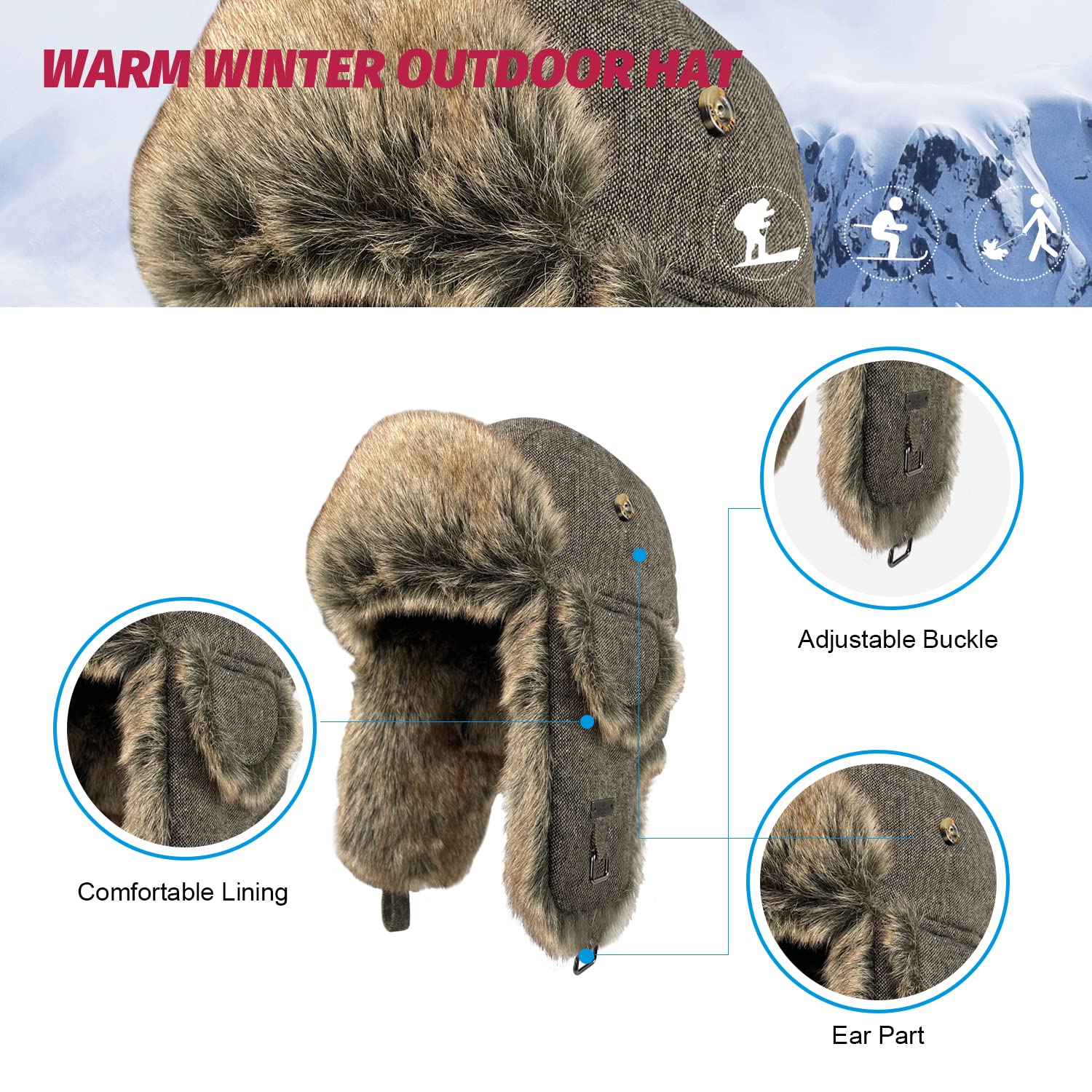 Unisex Fliegermütze Rib Wolle Bomber Aviator Pilot Hat Faux Fellmütze Winter Russische Mütze Herren Bomber Hut