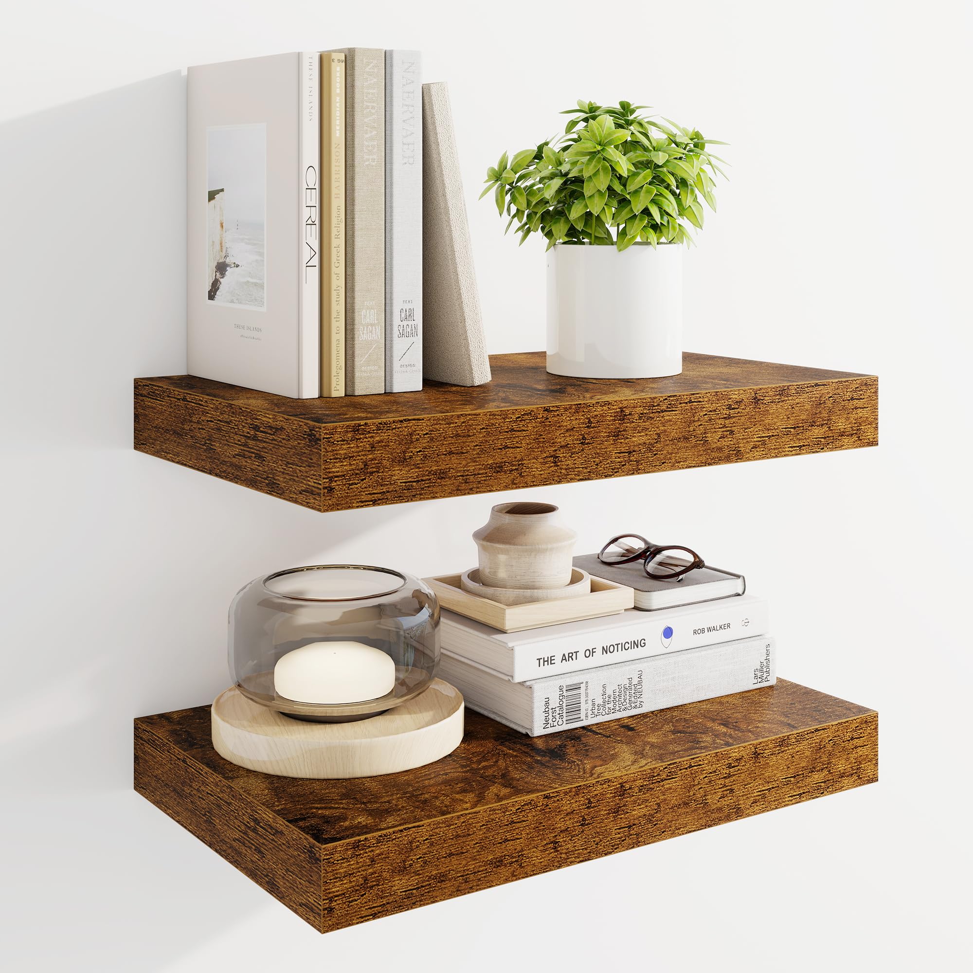 Marsmiles 40cm Floating Shelves for Wall, Wooden Shelves with Invisible Brackets Set of 2, Rustic Farmhouse Wall Mounted Shelf for Kitchen Bathroom Living Room Study, Rustic Brown