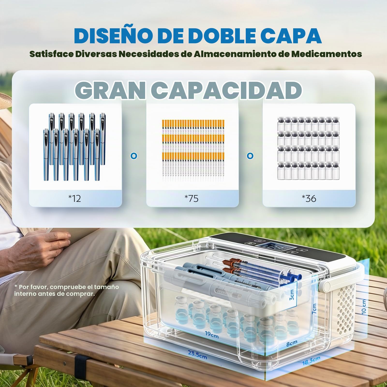 12 Horas Caja Nevera Portátil para Insulina para Max.12 Bolígrafos, 19*8*7cm Capacidad Interna 0-8℃ Ajuste con 2 Baterías 5V 13600MAH Mini Refrigerador de Medicina para Uso en Casa En casa y fuera