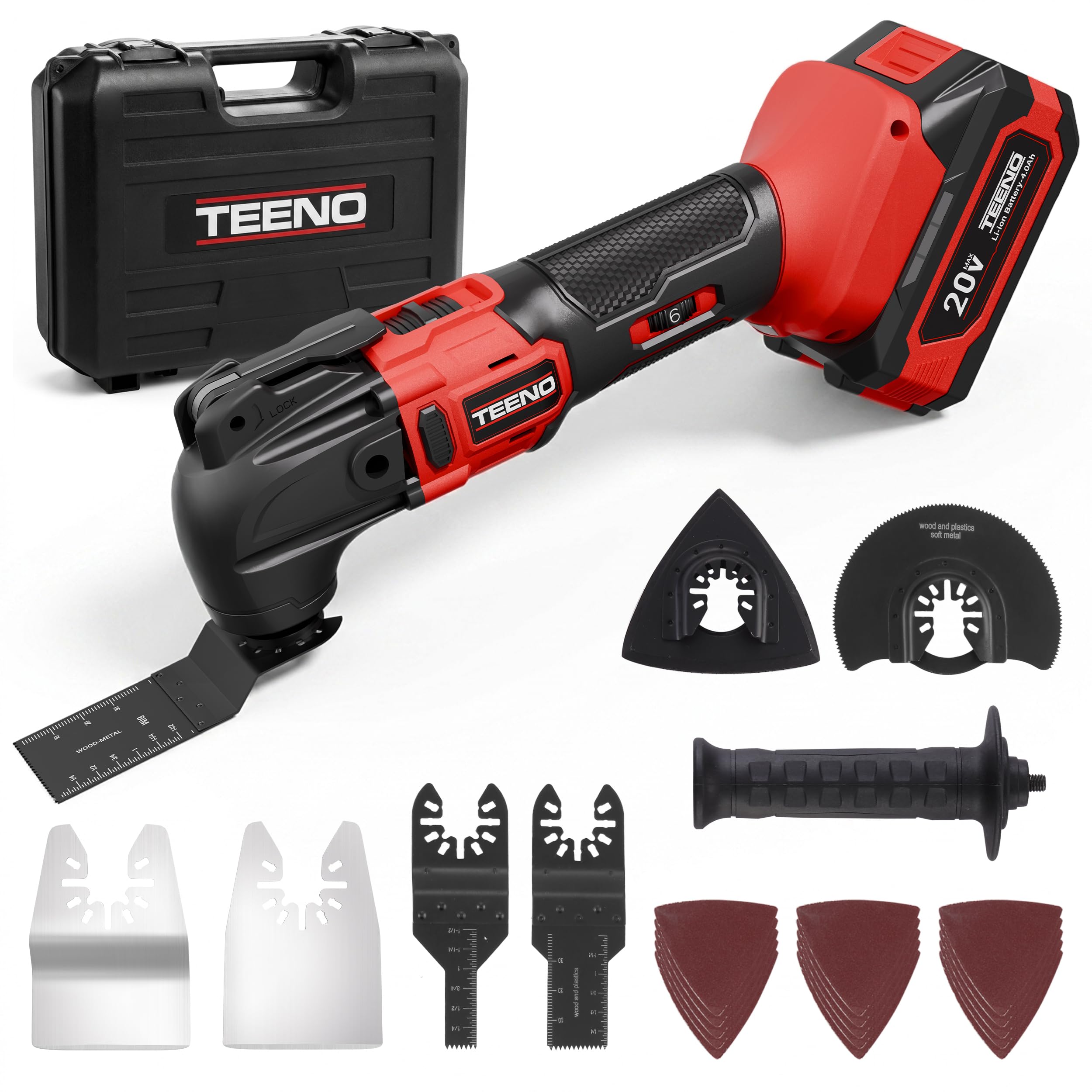 Multiherramienta Oscilante, Herramienta Multifunción Inalámbrica 20V Batería 4.0Ah, Motor Sin Escobillas con Luz LED, 6 Velocidades, 8500-21000 RPM, Cargador y Accesorios para Cortar, Lijar y Pulir
