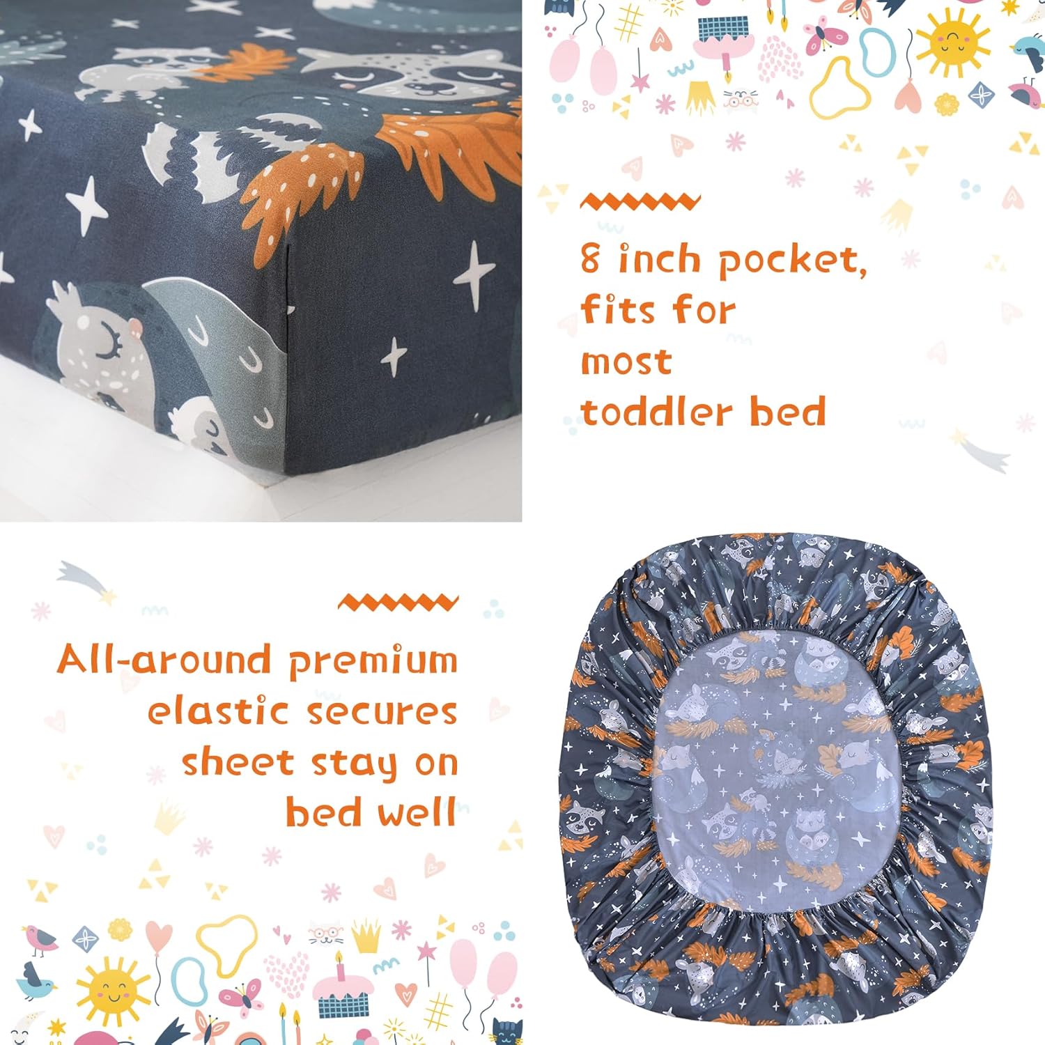 JSD Navy Blue Forest Animals Toddler Bedding Set, 4 Piece Owl Toddler Comforter Sheet Set, Lightweight Breathable Washable - Image 3