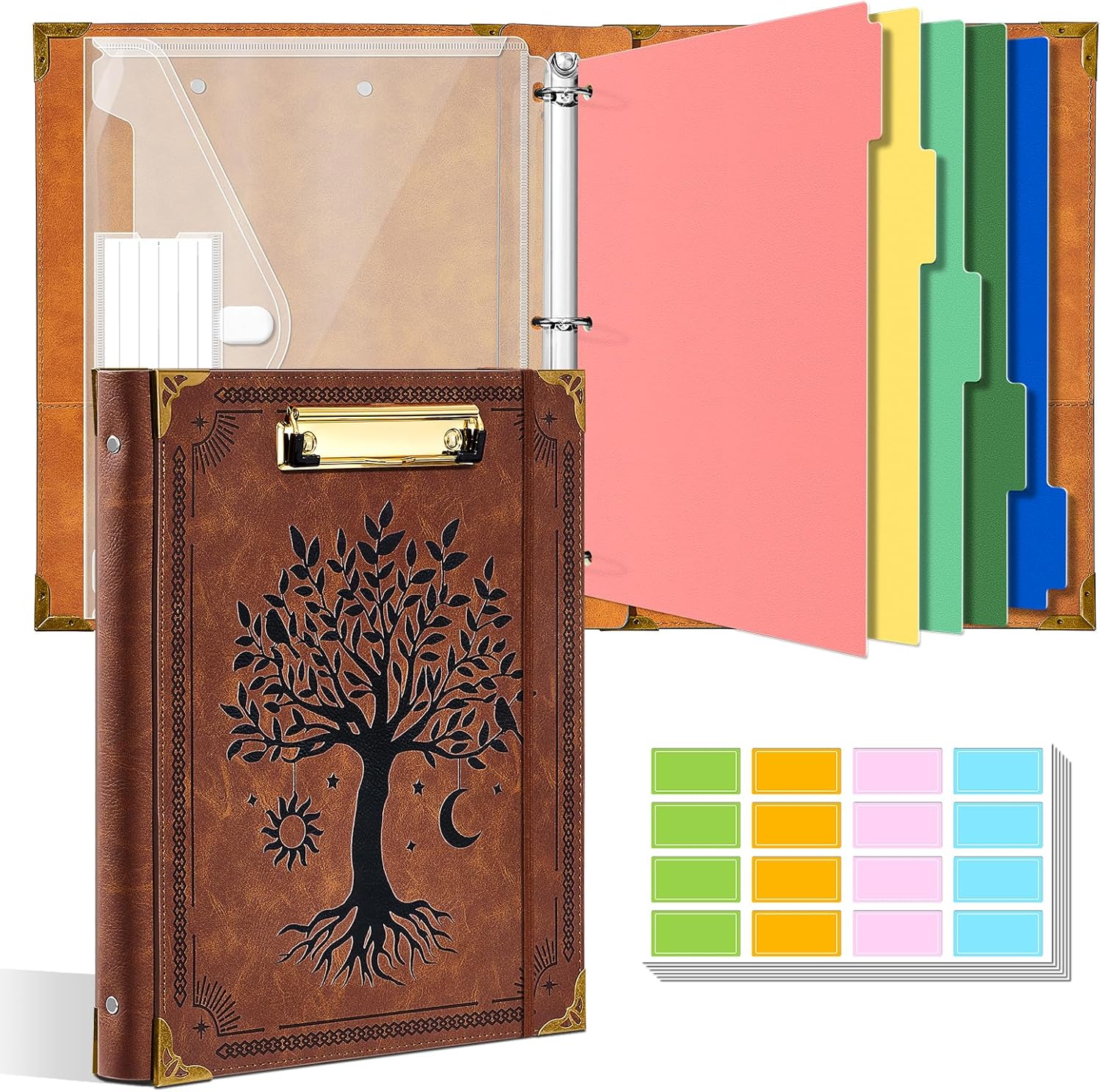 Ovesmusl 1 Inch 3 Ring Binder with Clipboard Leather Round Ring Binder with 5 Dividers, Plastic Folder, 400 Divider Stikers, Fits 175 Sheets 8.5"x11" Letter Size Paper, Tree of Life Brown