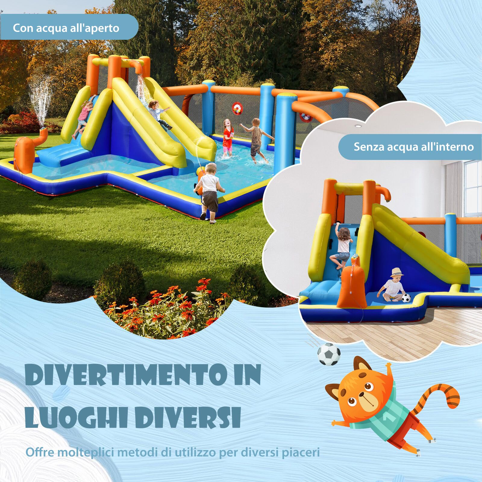 COSTWAY Castello Gonfiabile per bambini, Casa Gonfiabile con Scivolo, Piscina, con Borsa di Trasporto, Soffiatore e Kit di Riparazione, per 5 Bambini di 3-12 Anni, 465 x 500 x 200 cm