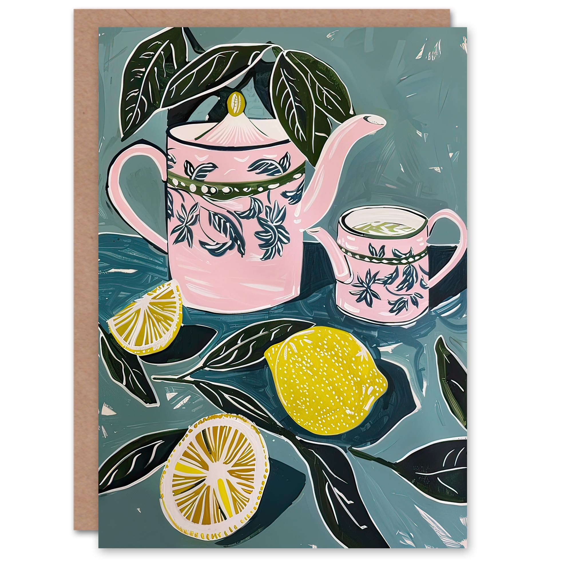 Artery8 Greeting Card Pink Teapot Teacup Lemons Painting Herbal Quirky Blank For Him Or Her Art Birthday Card
