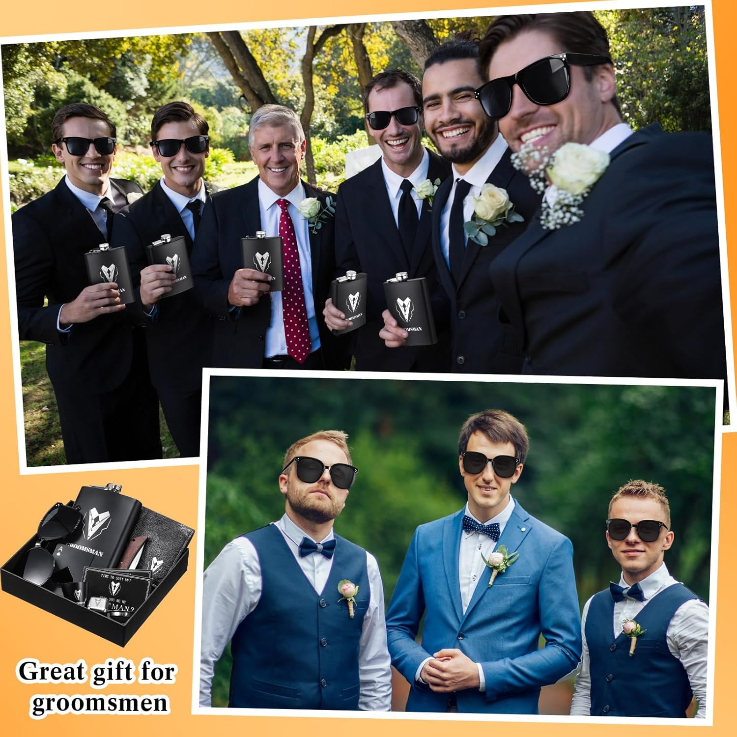 Mimorou 66 Pcs Groomsmen Proposal Gifts - Shot Glasses, Stainless Steel Ice, Flask, Funnel, Gift Boxes, Sunglasses, Knives, Bottle Opener, Cards, Wallets for Wedding Groomsmen Present Set