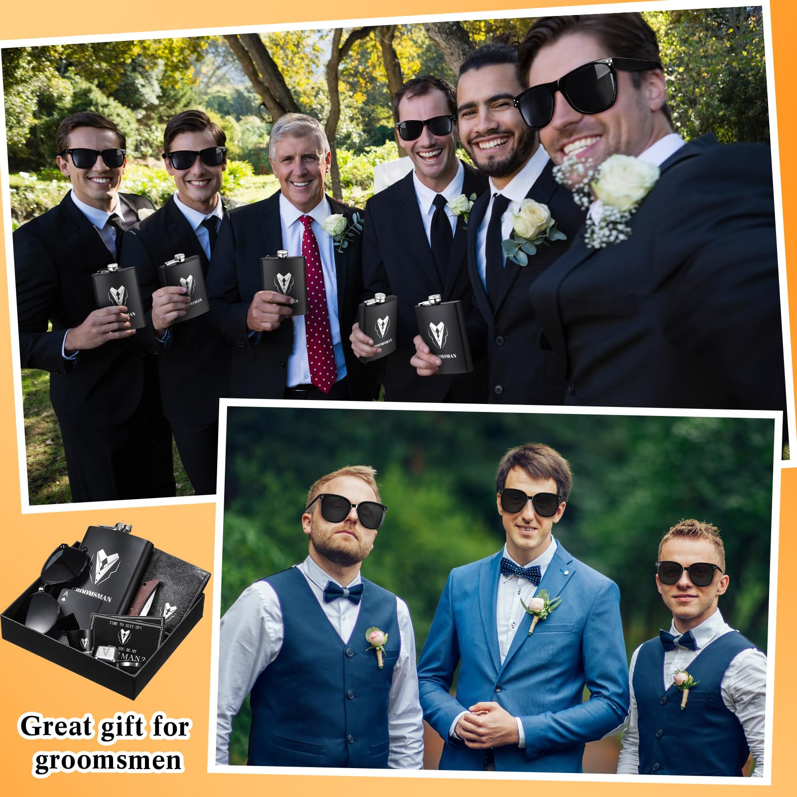 Mimorou 66 Pcs Groomsmen Proposal Gifts - Shot Glasses, Stainless Steel Ice, Flask, Funnel, Gift Boxes, Sunglasses, Knives, Bottle Opener, Cards, Wallets for Wedding Groomsmen Present Set