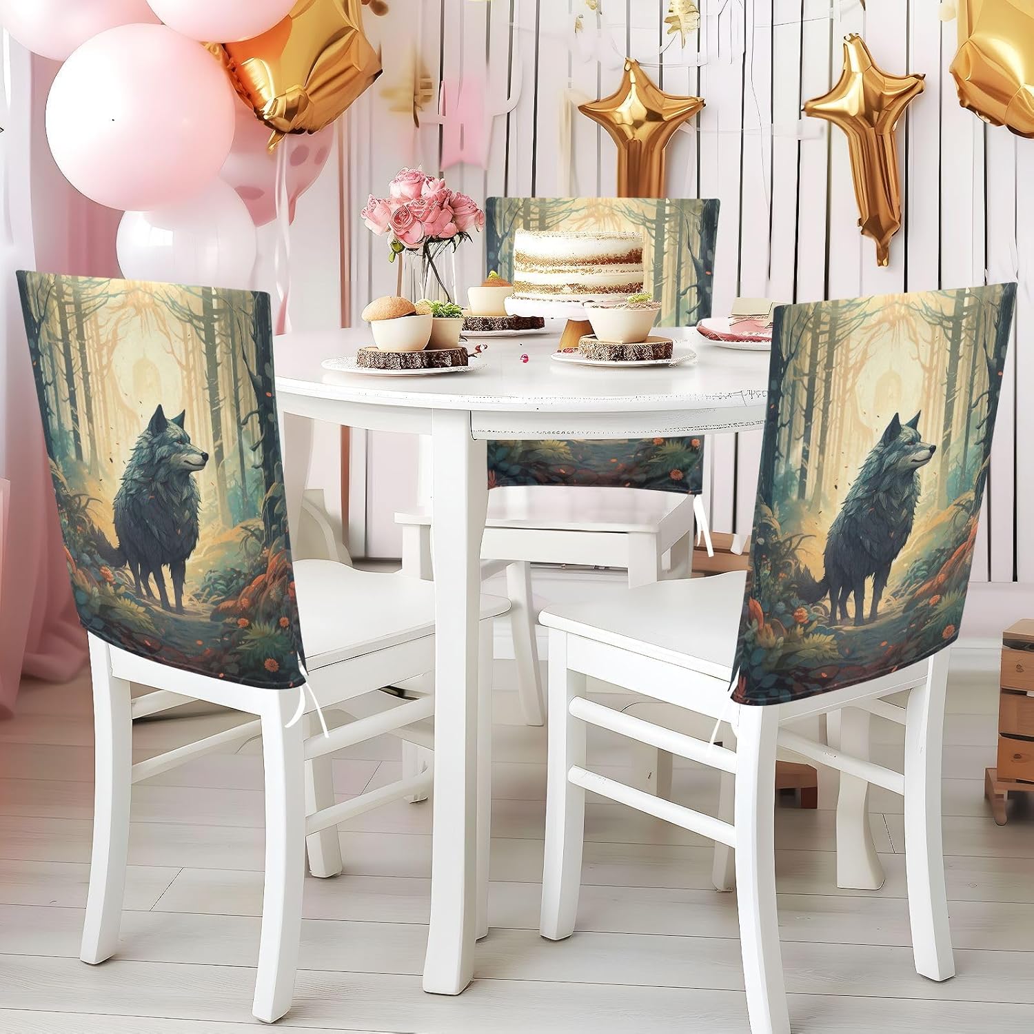 ALAZA Wolf Forest Floral Chair Back Cover Set of 6, Washable Reusable Removable Chair Slipcovers Decorative Chair Cover for Home Kitchen Wedding Party