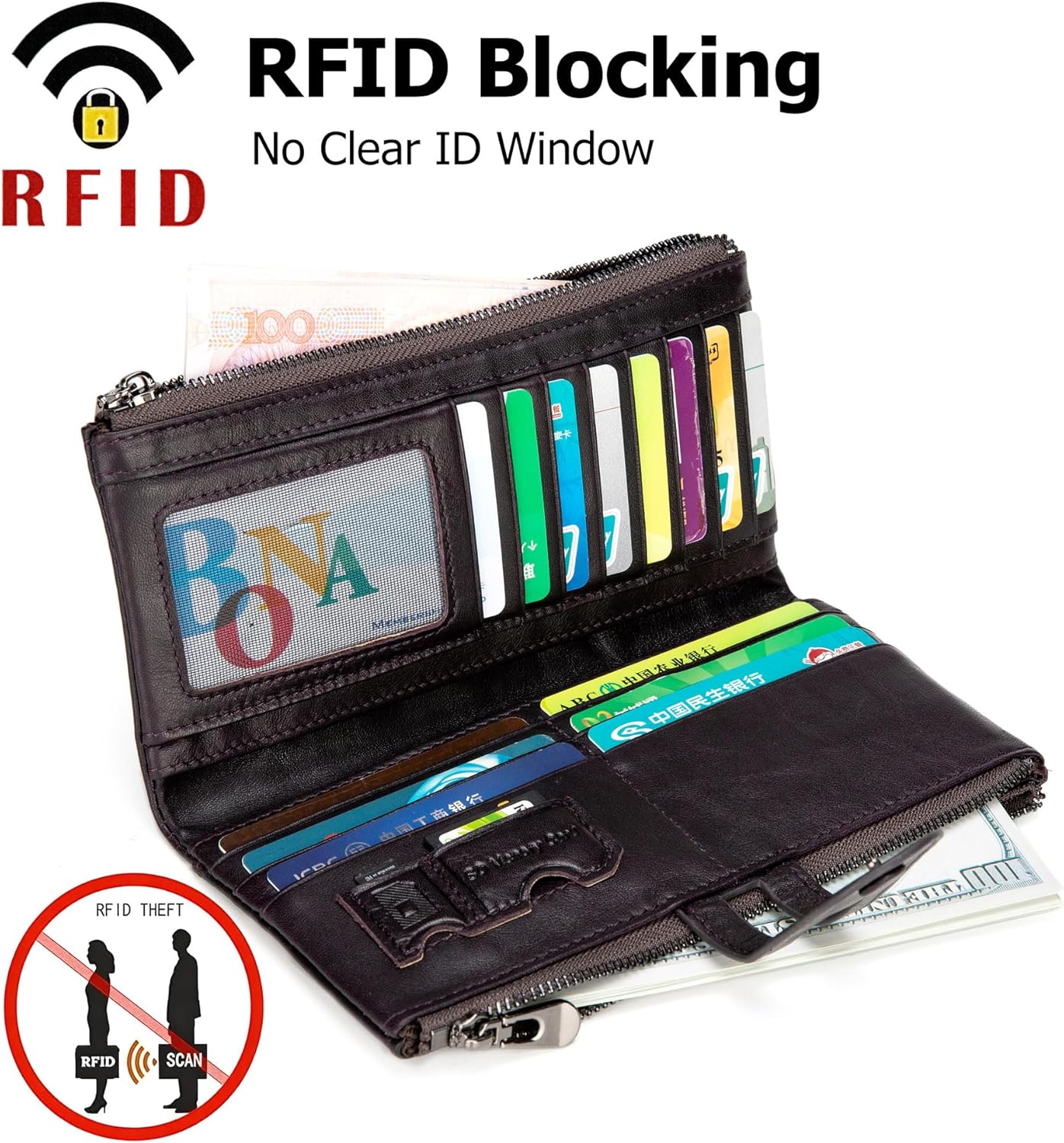 myfriday Women's RFID Blocking Genuine Leather Wallet, Bifold Long Clutch Wallet Money Clips Ladies Card Holder Purse - Image 4