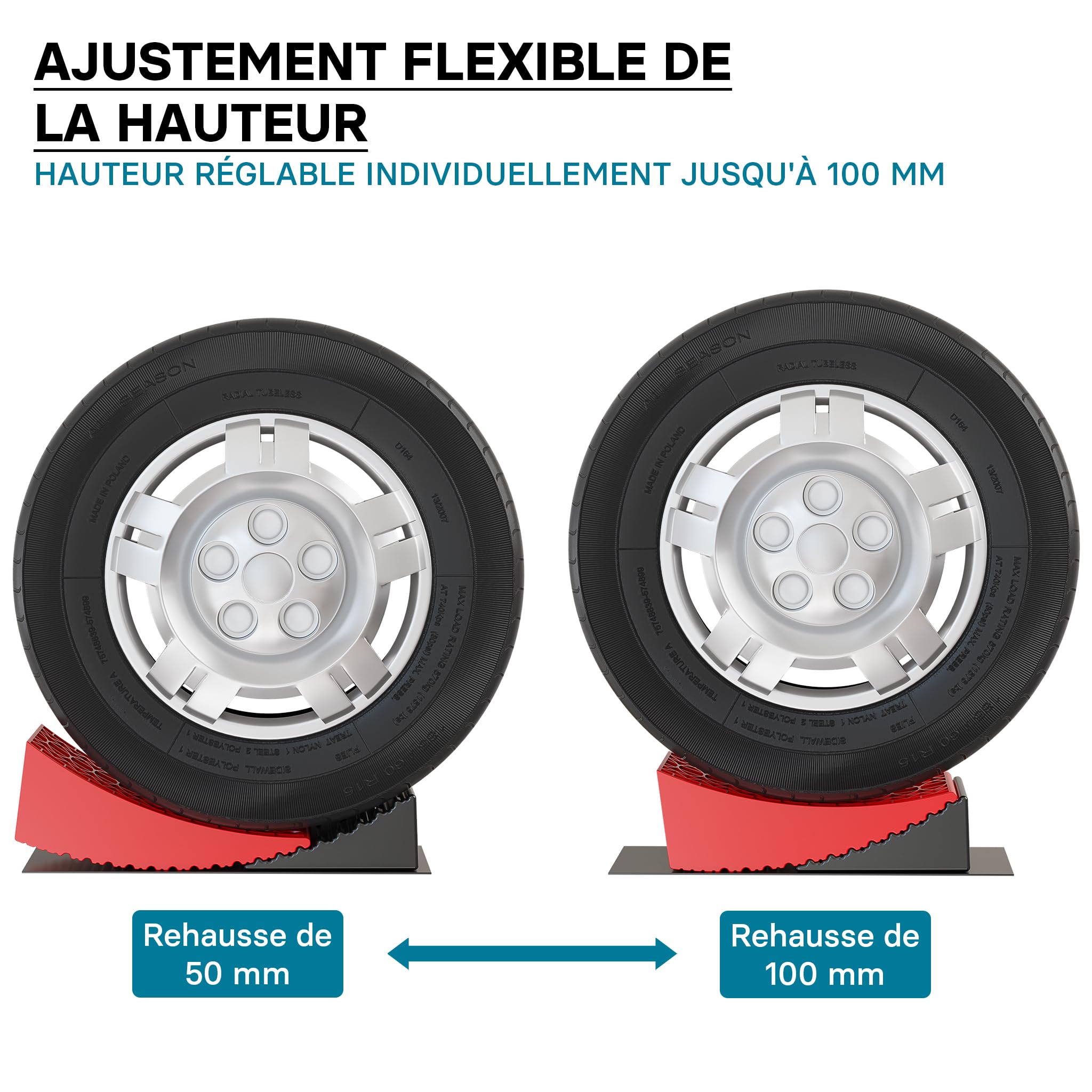 XPOtool Lot de 2 Cales de roue rondes – 320 x 150 x 110 mm / 190 x 150 x 80 mm – Capacité 13 t – avec Niveau à bulle en T – Protection de pneus pour Camping cars et Remorques – Rampes véhicules