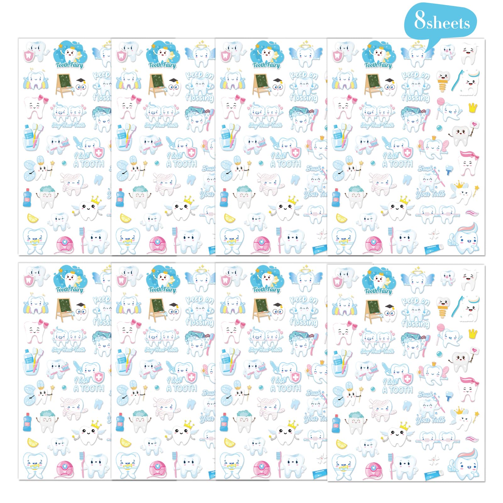 Dental Tooth Temporary Tattoos Stickers - 8 Sheets 280 Pcs Cute Cartoon Teeth Fairy Gifts One's First Teeth Tattoo Sticker for Kids Funny Dentist Party Decorations Hospital Doctor Prizes Rewards