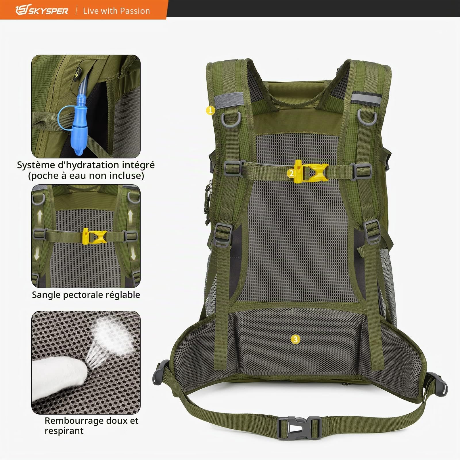 SKYSPER Sac à dos de randonnée 30L Sac à dos de trekking | avec housse de pluie, ventilation du dos, dos en mesh, ceinture ventrale Daypack pour excursions outdoor, randonnée