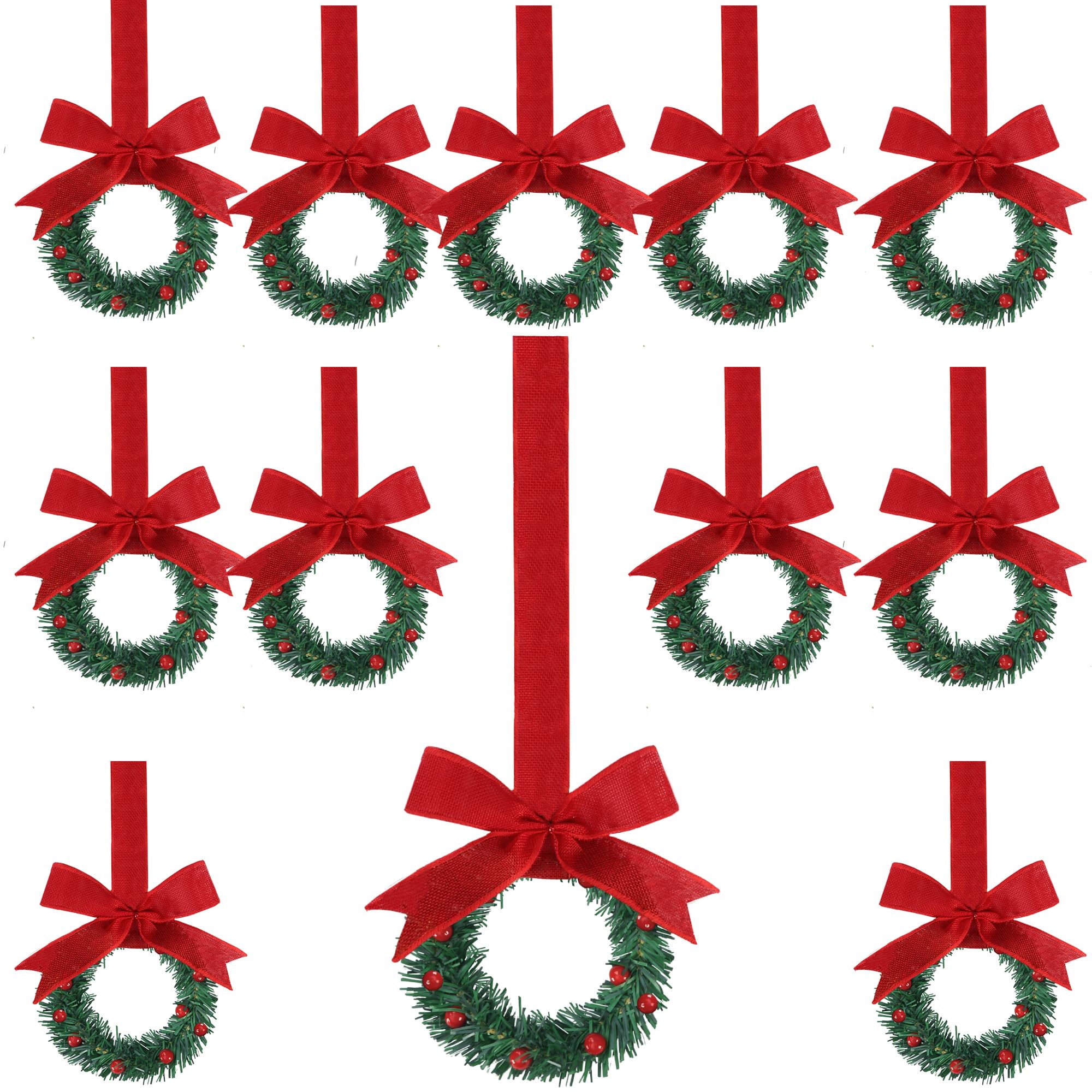 Sggvecsy 12 Pcs 8’’ Christmas Mini Cabinet Wreaths with Ribbon Bows Red Berry Artificial Small Kitchen Wreath for Window Front Door Farmhouse Wall Xmas Decorations(Red Burlap)