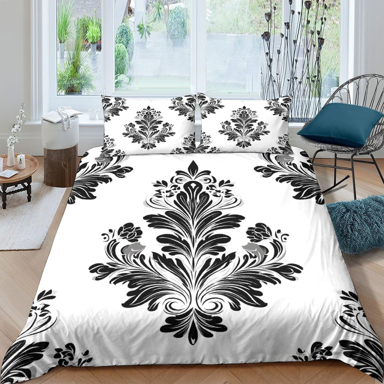 Ctjqhvkz Style-7 3D Printed Baroque Damask Fitted Sheet Microfiber Black White Floral Mattress Cover For Bedroom Guest Room Decoration Single（135X200cm）