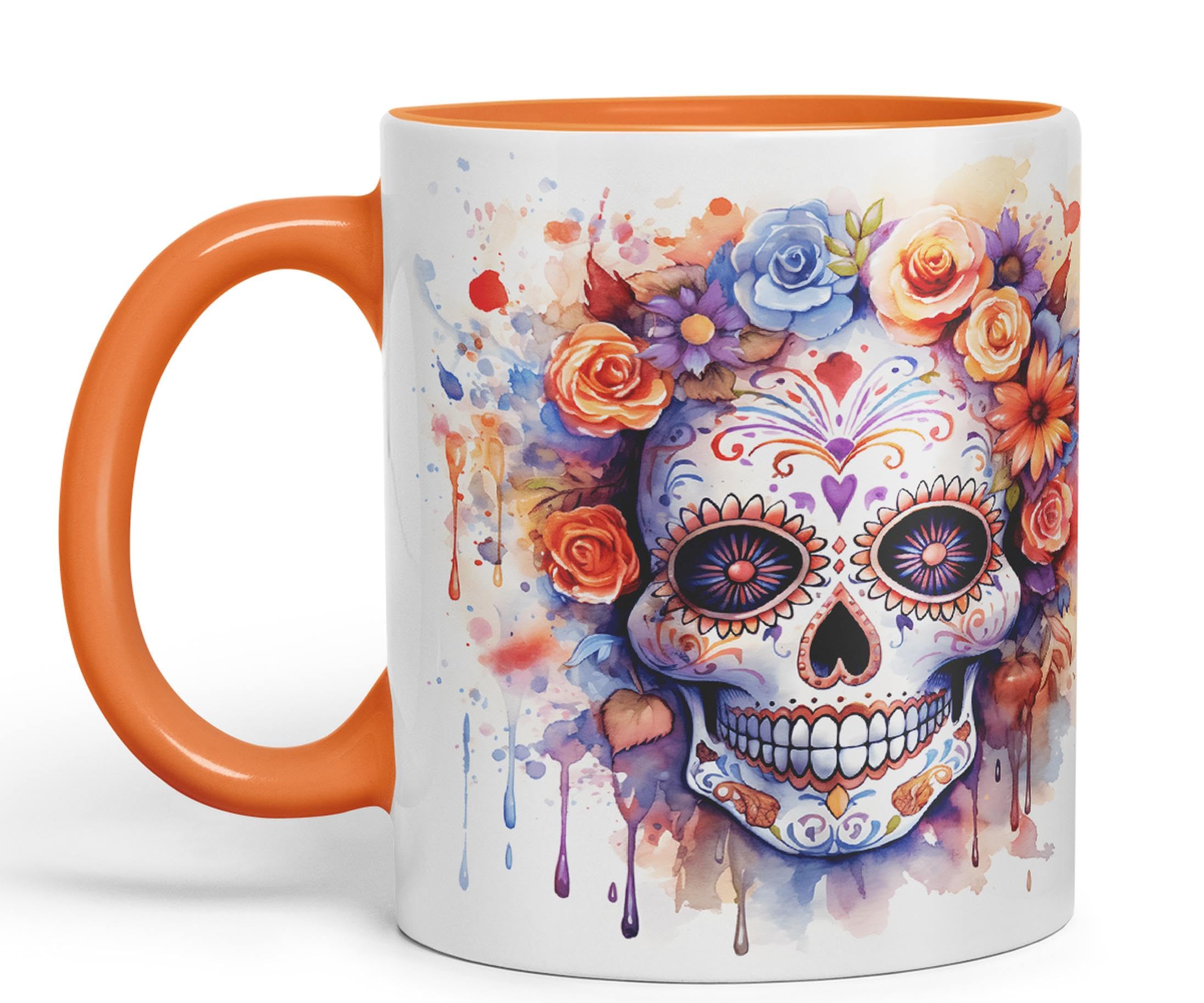 Vixar Sugar Skull and Roses Ceramic Coloured Mug Cup for Tea Coffee Hot Brew 330ml 11Oz Gift sk5 (Orange)