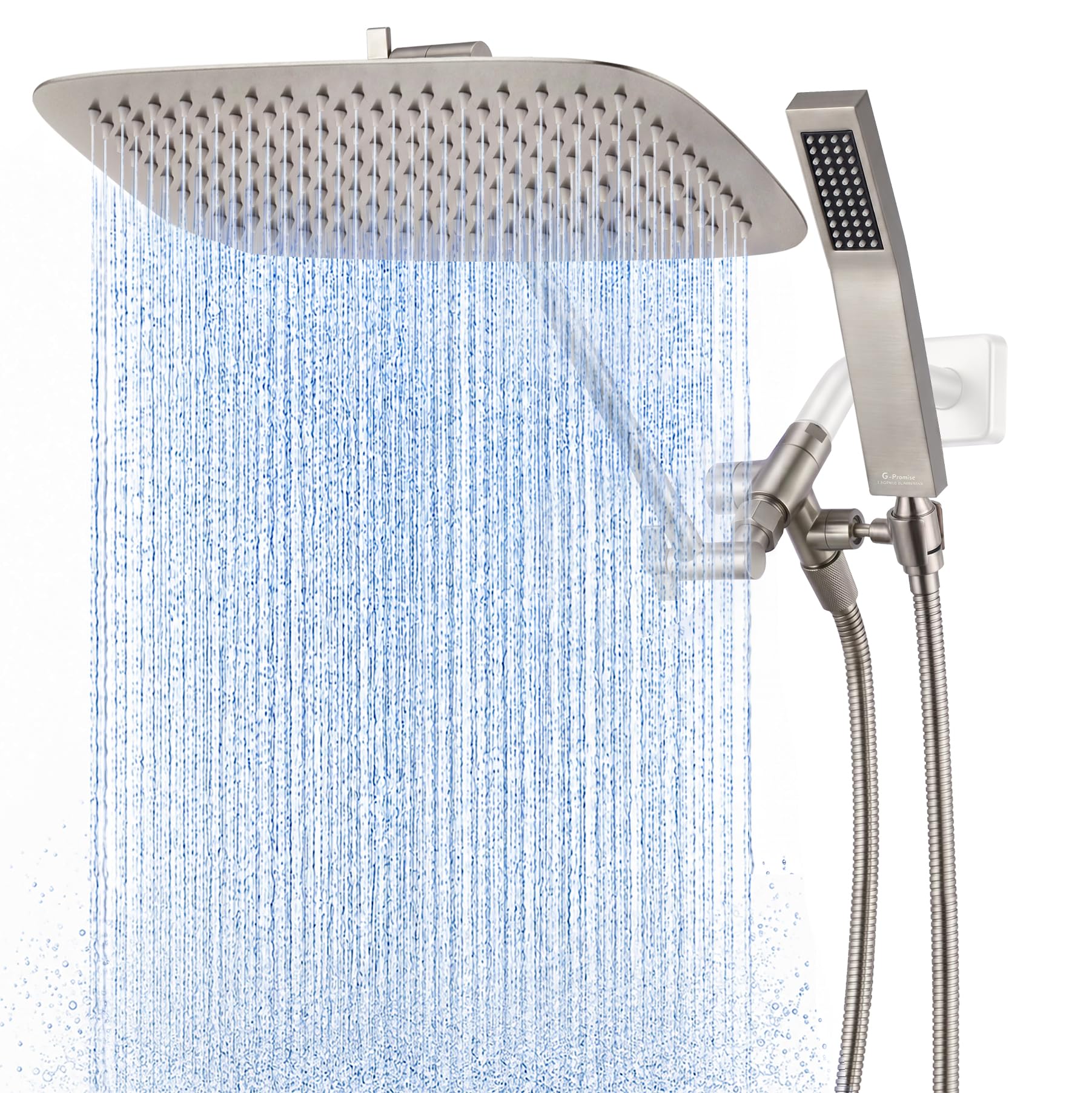G-Promise All Metal 14 Inch Dual Square Shower Head with Handheld Combo, Rain Shower Head, Adjustable Extension Arm, Smooth 3-Way Diverter, 71 Inch Extra Long Hose - A Bathroom Upgrade(Brushed Nickel)