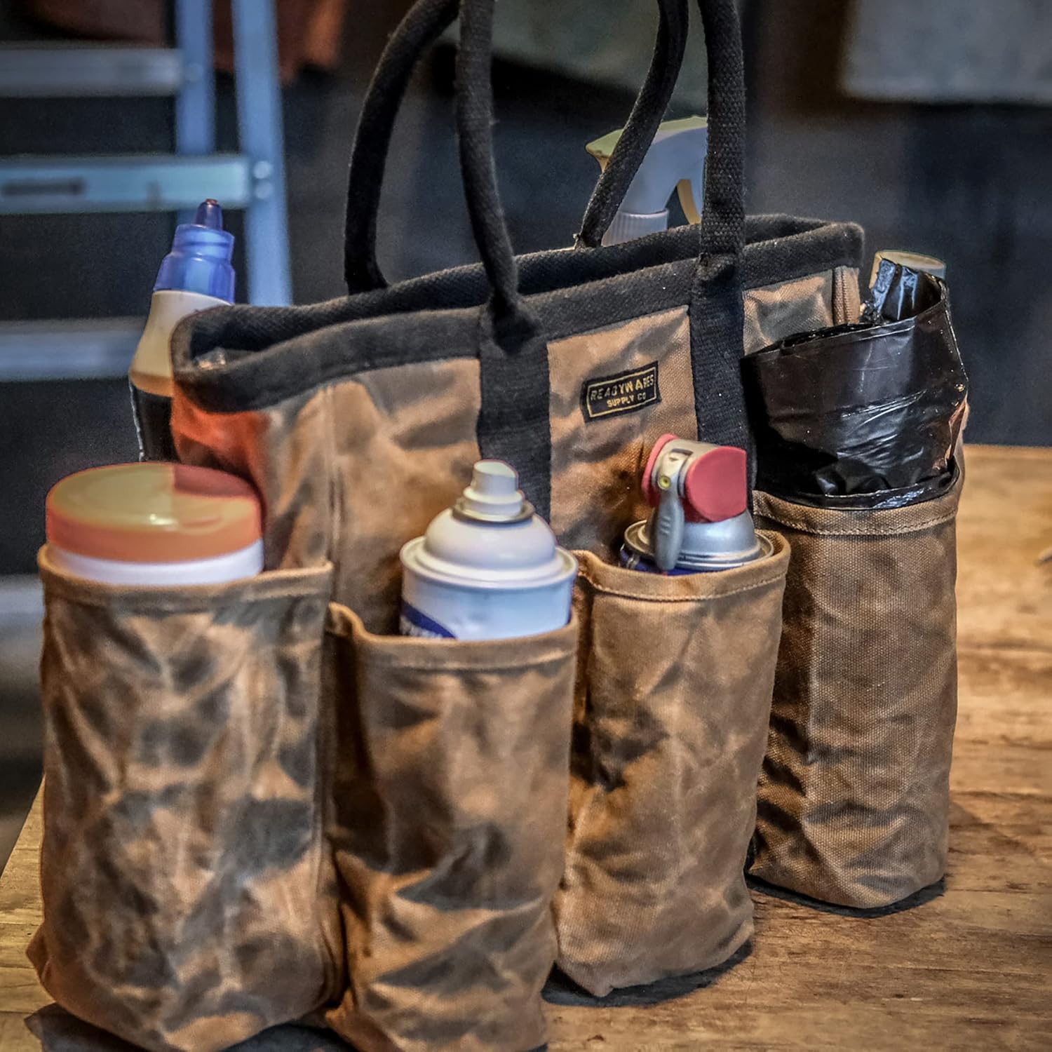 Readywares 14" Waxed Canvas Supply Bag/Garden Tool Tote/Cleaning Organizer/Mobile Bar/Versatile Storage Tote With Pockets/Utility Bag with Heavy Duty Handles - Image 7