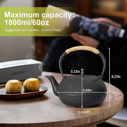 Miniatura 6 de suyika Tetsubin japonesa de hierro fundido con infusor de acero inoxidable para estufa, cubierta con interior esmaltado, 60 onzas  60.9fl oz