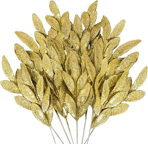 Miniatura 1 de 24 hojas de plata artificiales con purpurina, 13 pulgadas, hojas de flores plateadas de Navidad, hojas de árbol de Navidad, adornos de árbol de