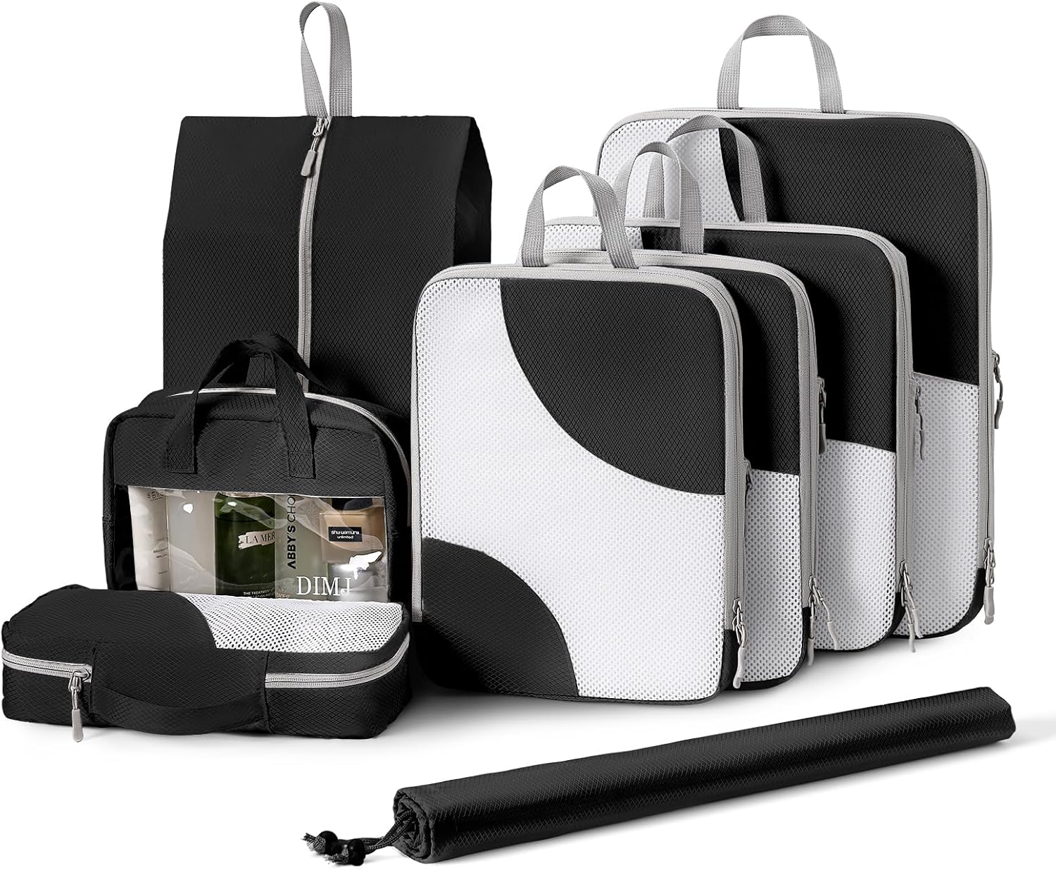 DIMJ Compression Packing Cubes, 8 Set Travel Luggage Organisers for Suitcase Expandable Travel Packing Cubes for Carry on Luggage Ultralight Bag with Toiletry/Shoe/Laundry Bag (Black)
