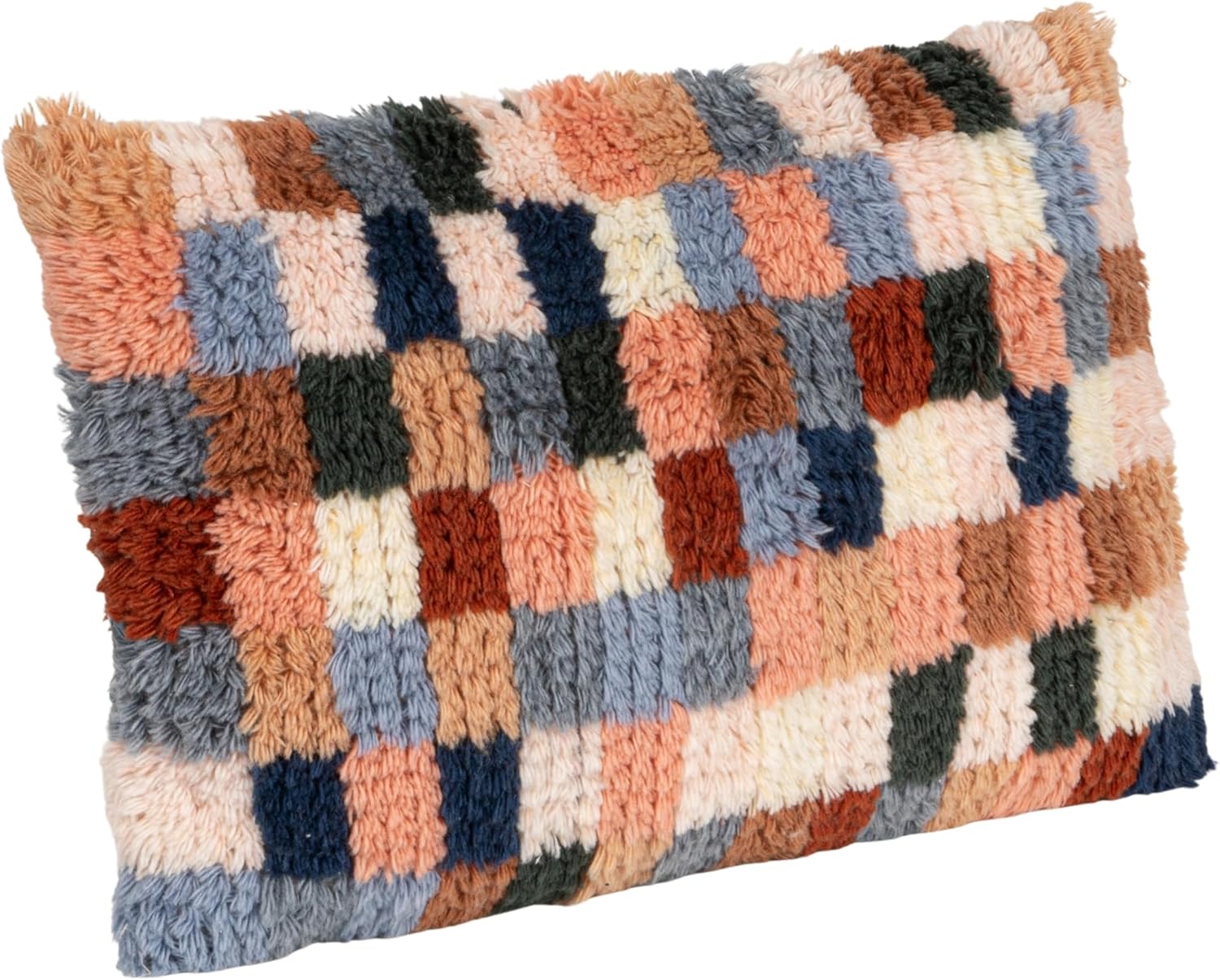 Creative Co-Op New Zealand Wool Tufted Checkered Lumbar Pillow with Cotton Back, Multicolor