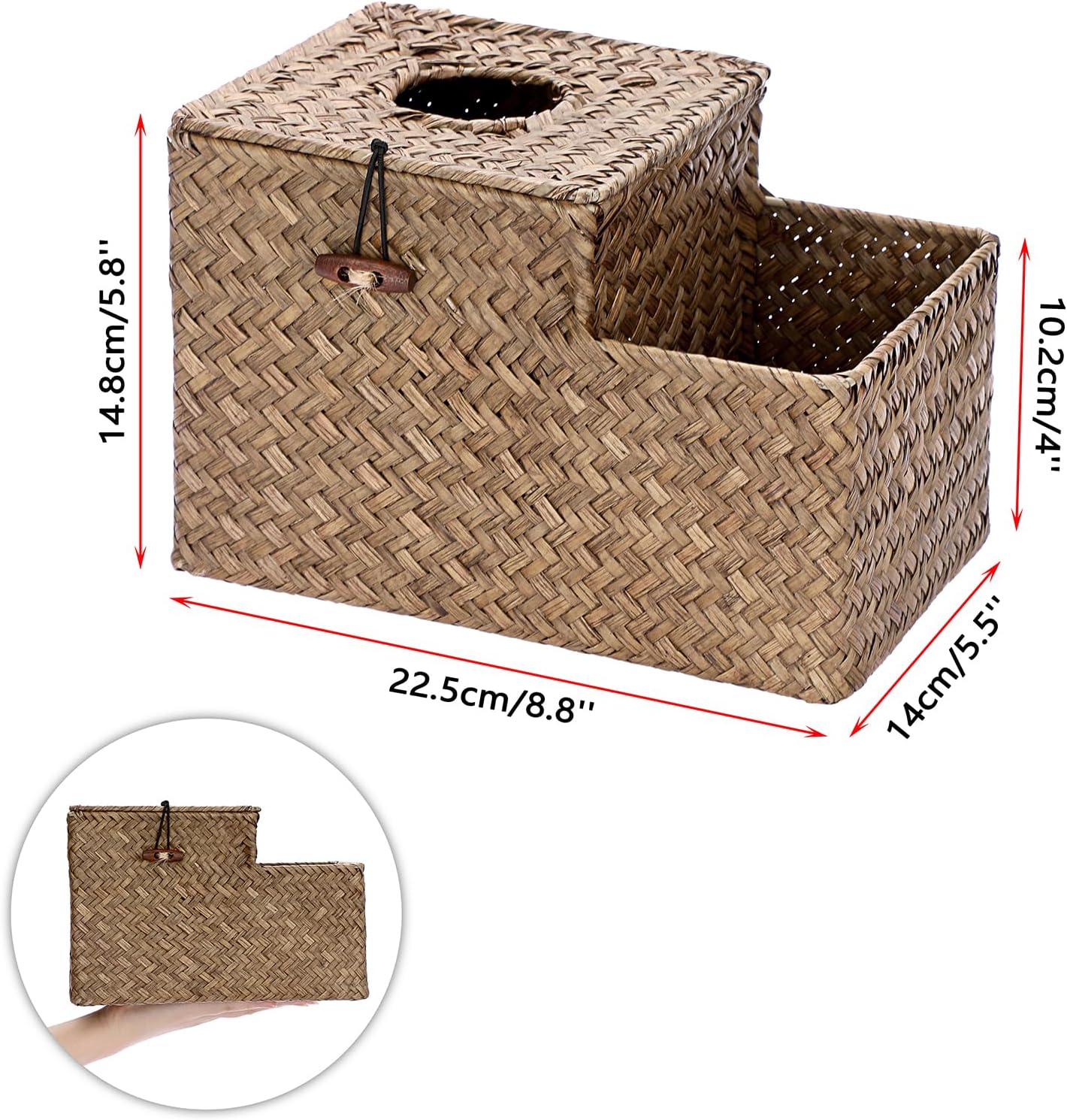 Sumnacon Tissue Box Cover Square Tissue Box Woven Seagrass Tissue Box Holder with Side Organizer, Rustic Tissue Holder for Living Room Bathroom Bedroom Kitchen Office Table Desk, Coffee