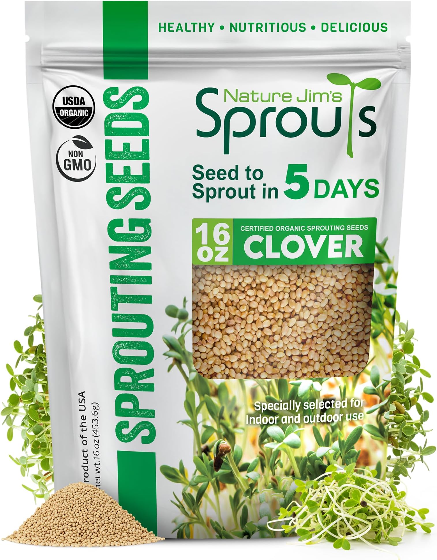 Nature Jims Sprouts Clover Seeds โOrganic Non-GMO Sprouting Seeds for Fresh, Nutrient-Rich Seed, Packed with Vitamins, Minerals & Fiber, Ideal for Growing Sprouts and Clover Seed, Reseable Bag, 16 oz