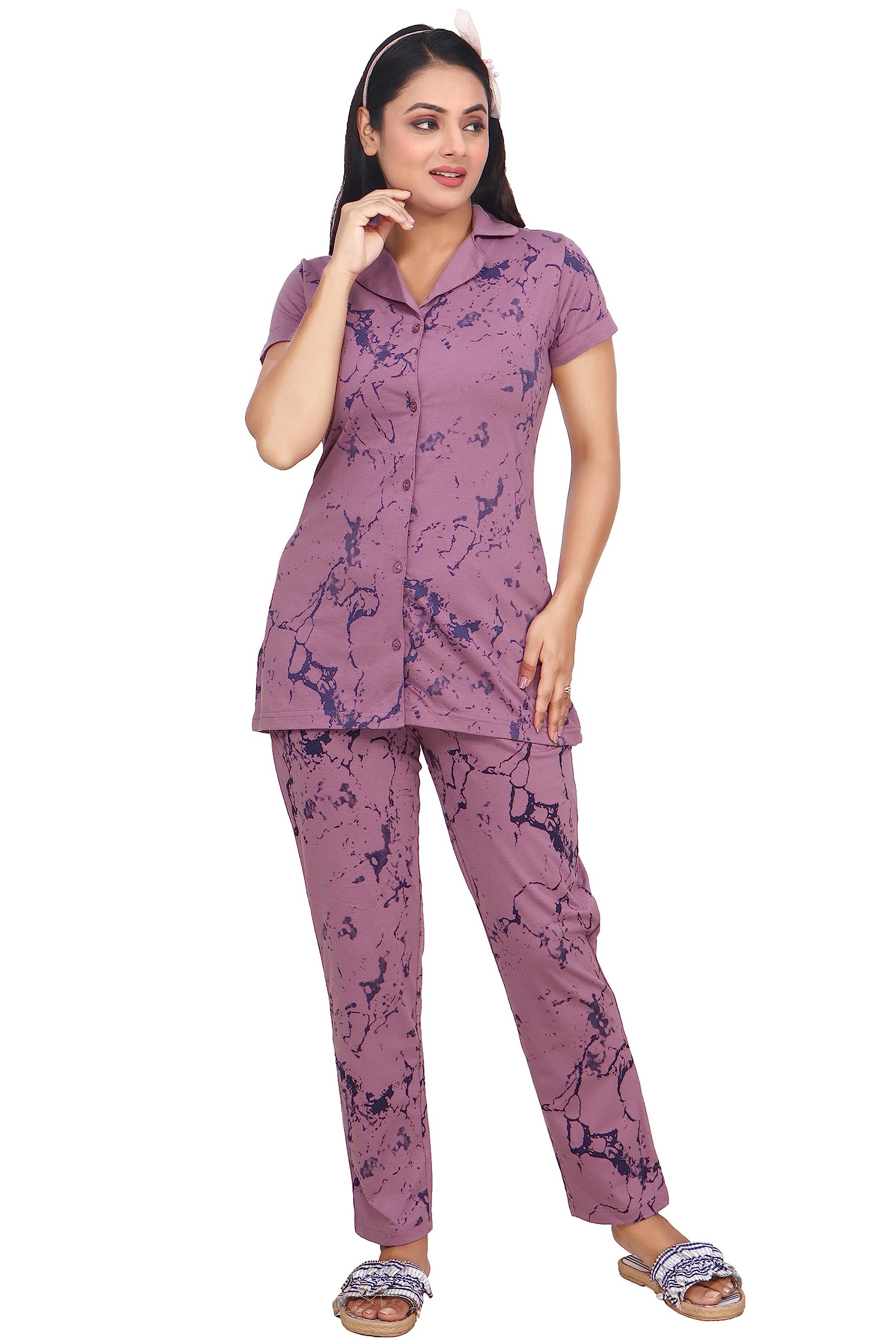 Cotton Blend Casual Summer Wear Half Sleeve Round Neck Printed Nightsuits for Women's (4052)-image-47