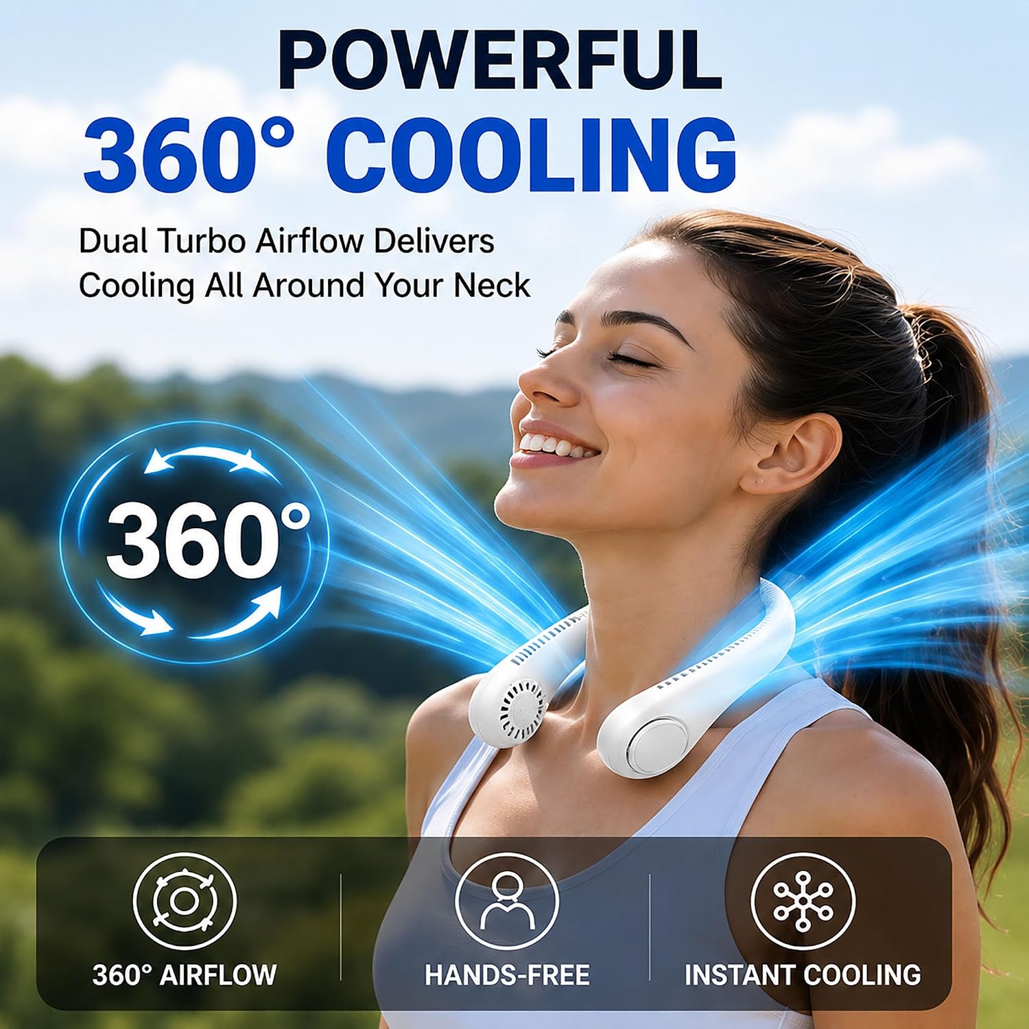 Portable Neck Fan Rechargeable 4000mAh, Hands Free Wearable Personal Fan with 3 Speeds, 360° Adjustable Dual Fan Heads, Bladeless Cooling Fan for Travel, Office, Outdoor Activities, White