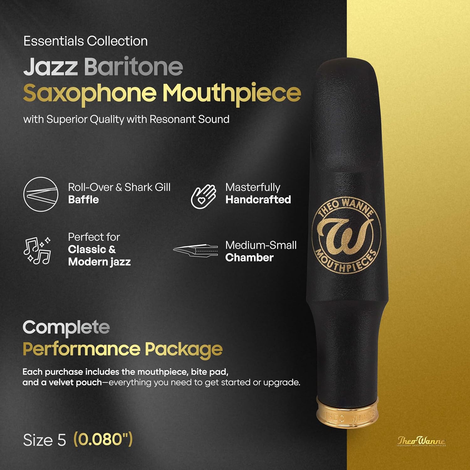 Theo Wanne Essentials Jazz Baritone Saxophone Mouthpiece with Medium-Small Chamber, Roll Over & Shark Gill Baffle for Smooth & Rich Jazz Tone - Superior Quality with Resonant Sound - Size 5 (0.080")