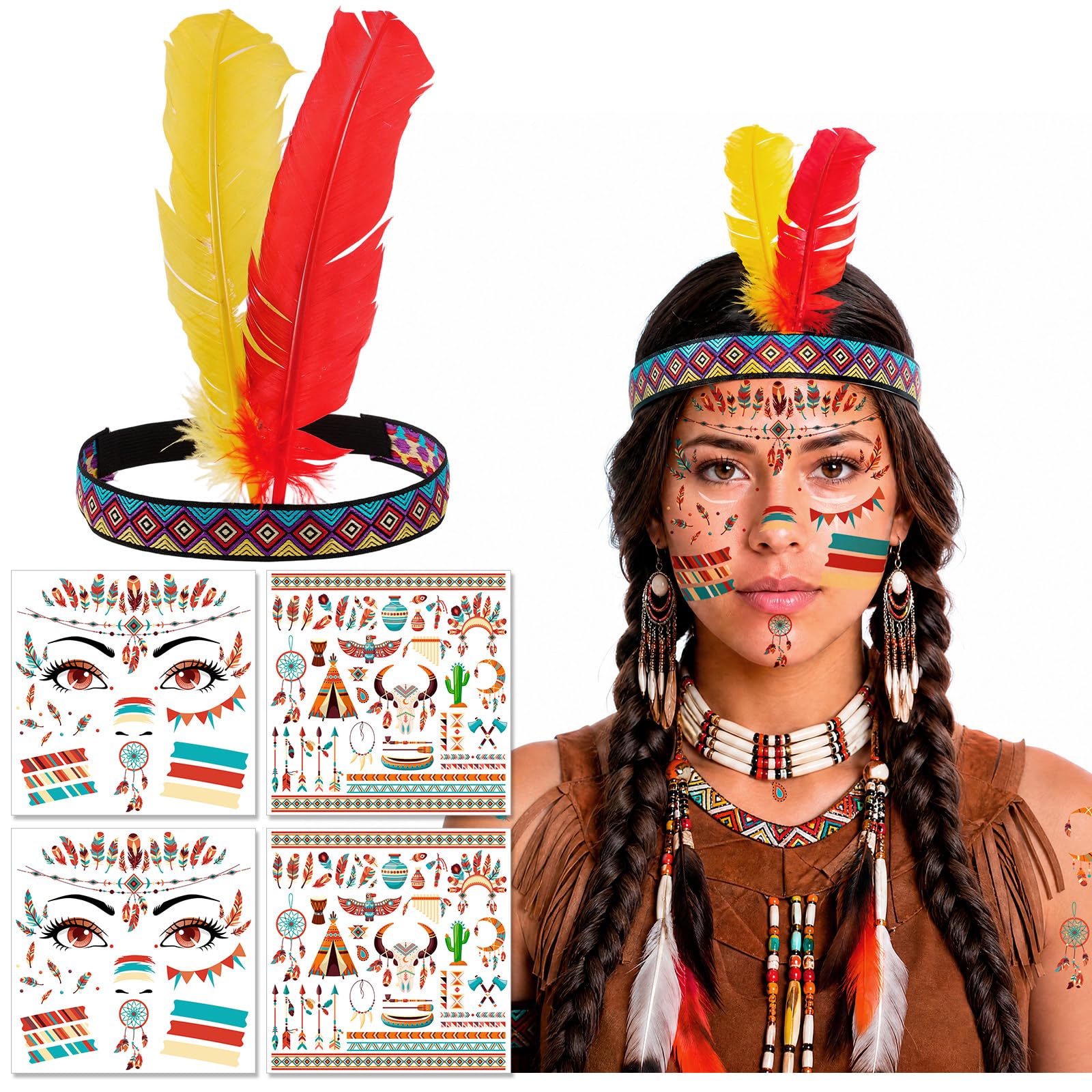 HOWAF Indian Headdress Feather Headband & Halloween Face Tattoos Sticker for Indian Costume, Carnival Halloween Costume Women Men