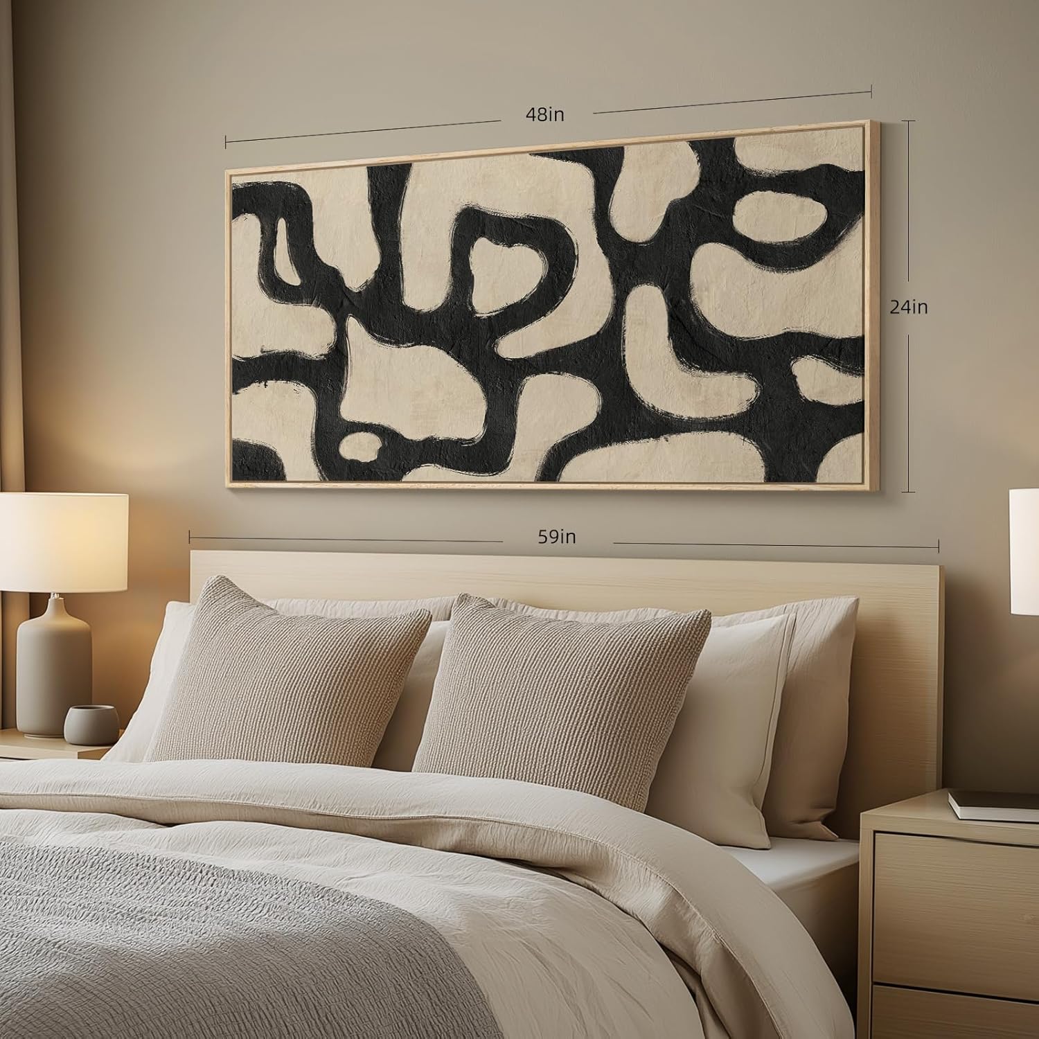framed abstract neutral horizontal wall art for living room, black beige mid century modern artwork for walls, large abstract canvas painting print for bedroom hallway home office wall decor, 24x48 in 48"l x 24"w beige black