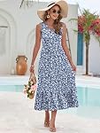 WNEEDU Maxi Dresses for Women 2026 Sleeveless V Neck Empire Waist Summer Dress with Pockets