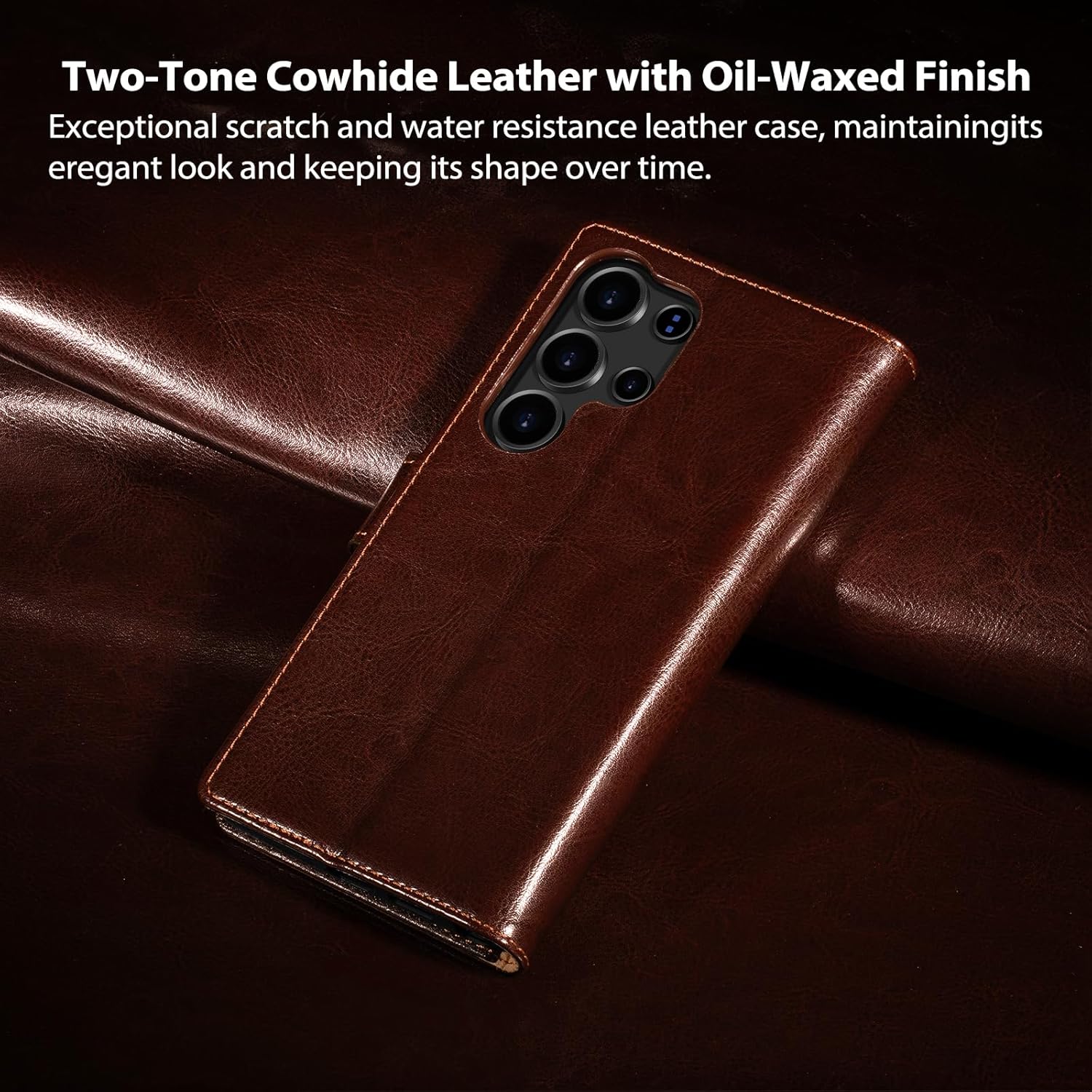 Belemay Wallet Case for Samsung Galaxy S25 Ultra, Two-Tone Genuine Leather [Durable & Protective] RFID Blocking Card Holders, Shockproof TPU Shell, Kickstand, Drop Protection Flip Cover 6.8", Brown - Image 2