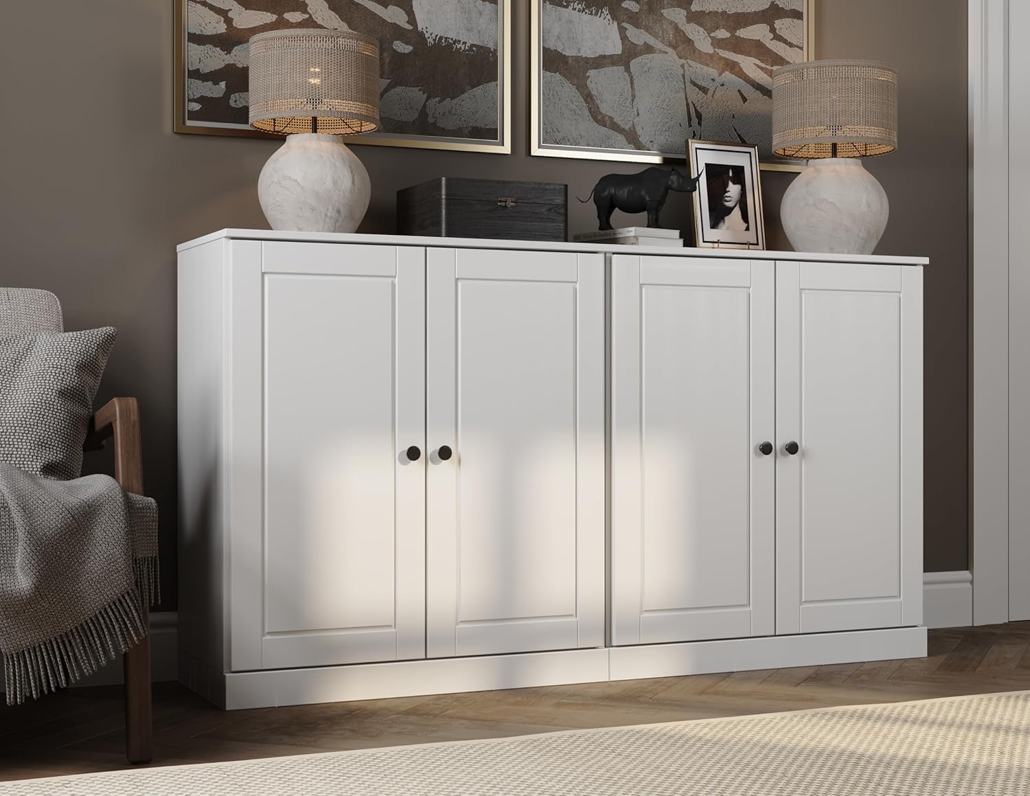 Palace Imports White Sideboard Cabinet - Solid Wood Sideboard - 64" Wide - Credenza Storage Cabinet w/ 4 Raised Panel Doors & 4 Adjustable Shelves - 100% Eco-Friendly Wood Side Boards for Living Room