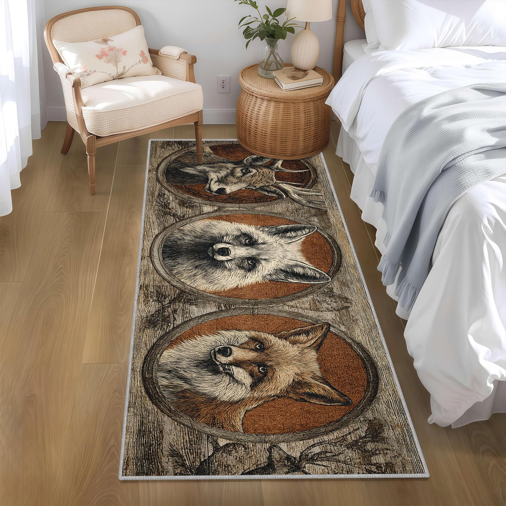 Generisch Fuchs Hirsch Teppich Läufer Flur 60x180, Waschbar rutschfest Rustikaler Hütte Muster Teppichläufer, Weich Kurzflor Lang Flurläufer für Wohnzimmer Schlafzimmer Bettvorleger Küchen YD801