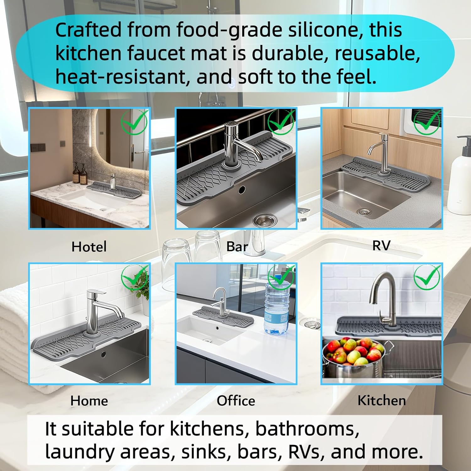 24" Longer Silicone Faucet Mat for Kitchen Sink, Water Draining Mat Kitchen Sink Faucet Mat Splash Guard Kitchens Sink Water Splash Guard Behind Faucet Draining Mat for Kitchens and Bathroom Gray