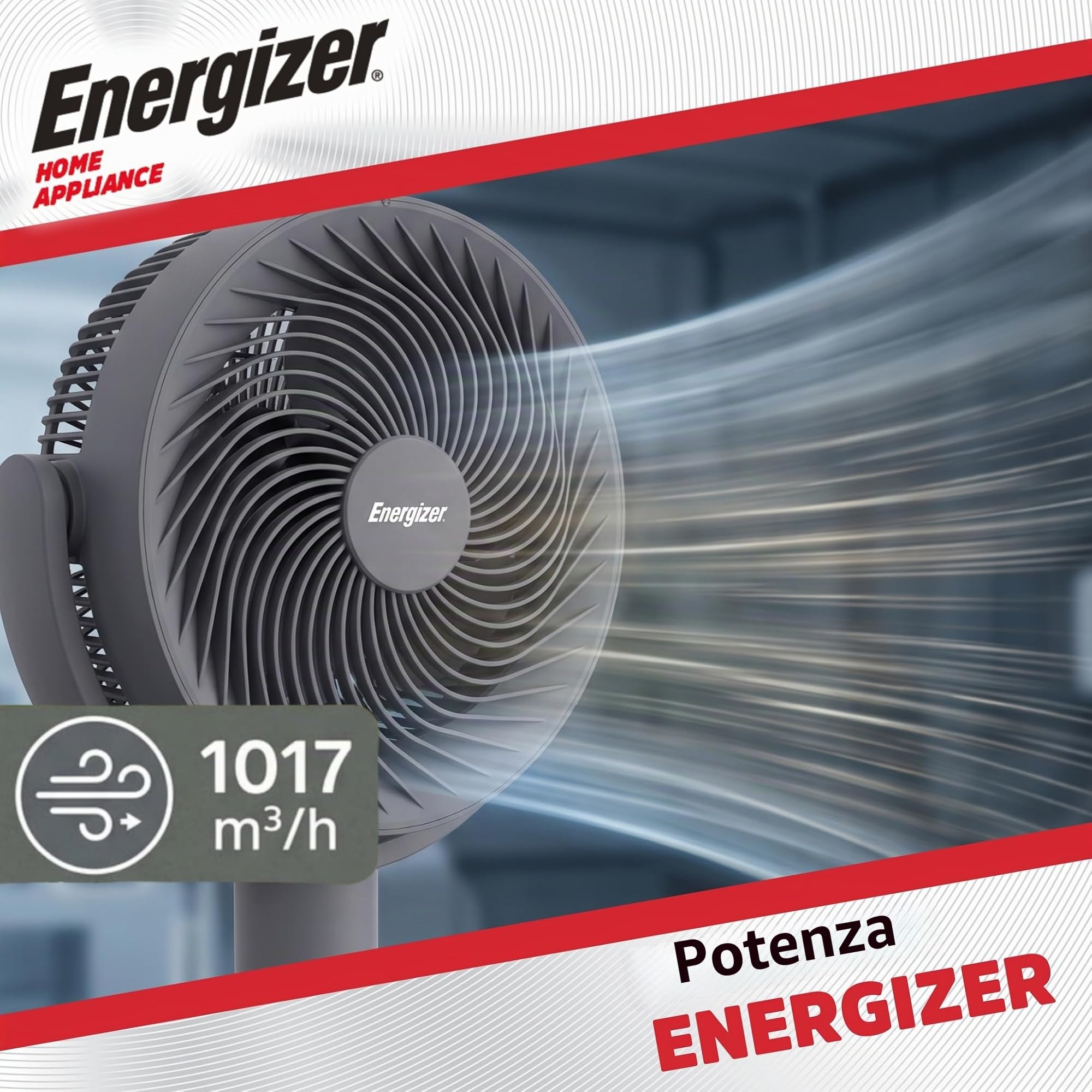 Energizer Ventilatore a Piantana Silenzioso 35 dB, 1017 m³/h, 9 Velocità, Oscillazione 90°, Portatile Ricaricabile 2400 mAh, Altezza 100 cm, Cavo USB Incluso, Per Ufficio e Camera, Grigio