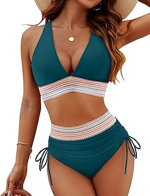 Blooming Jelly Women High Waisted Bikini Sets Tummy Control Swimsuits Color Block Two Piece Drawstring Bathing Suit