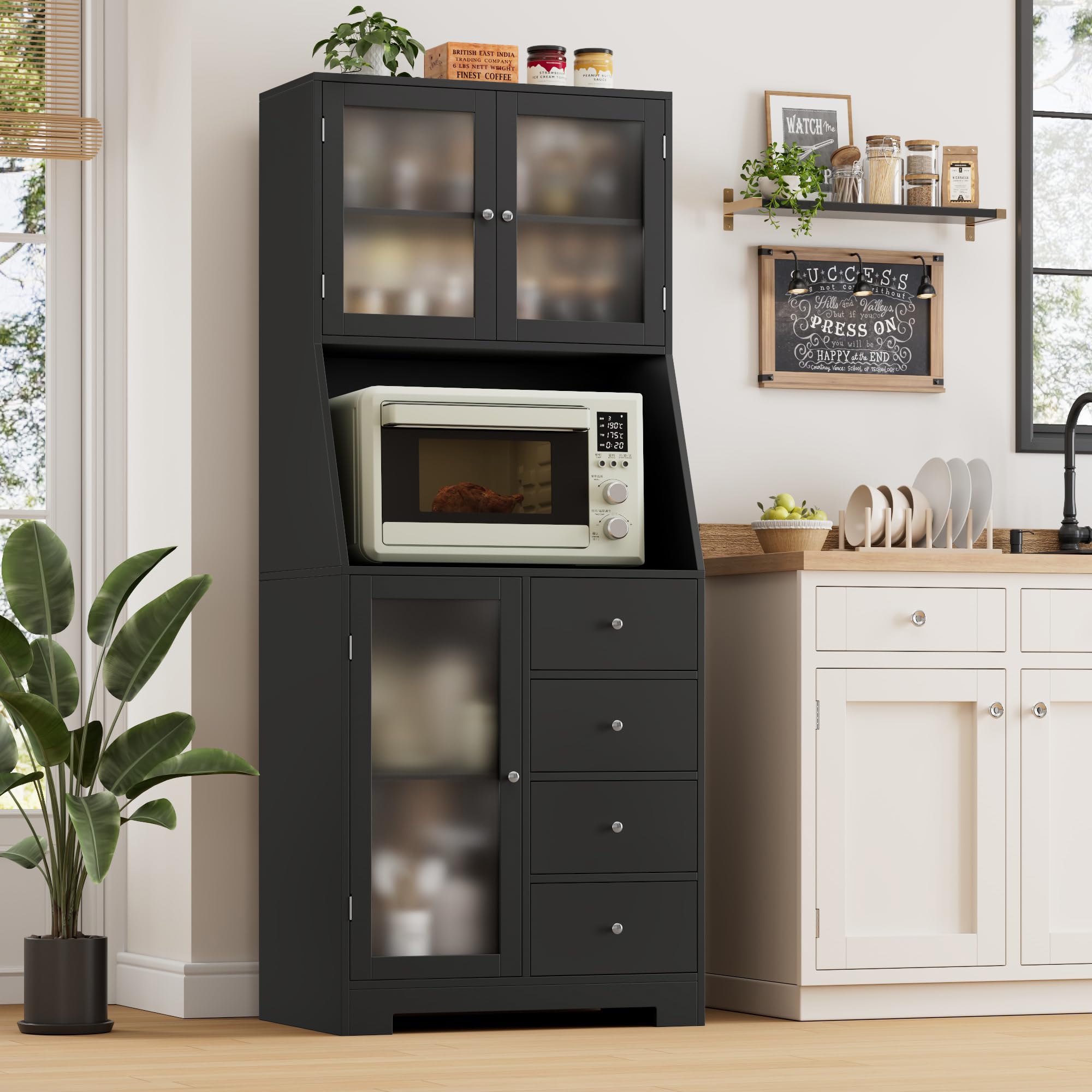 HOCSOK 163cm Küchenschrank, Buffetschrank mit Arbeitsplatte, Vorratsschrank Küche mit 3 Türen und 4 Schubladen, Hochschrank Küche für Wohnzimmer Esszimmer Bar, Schwarz