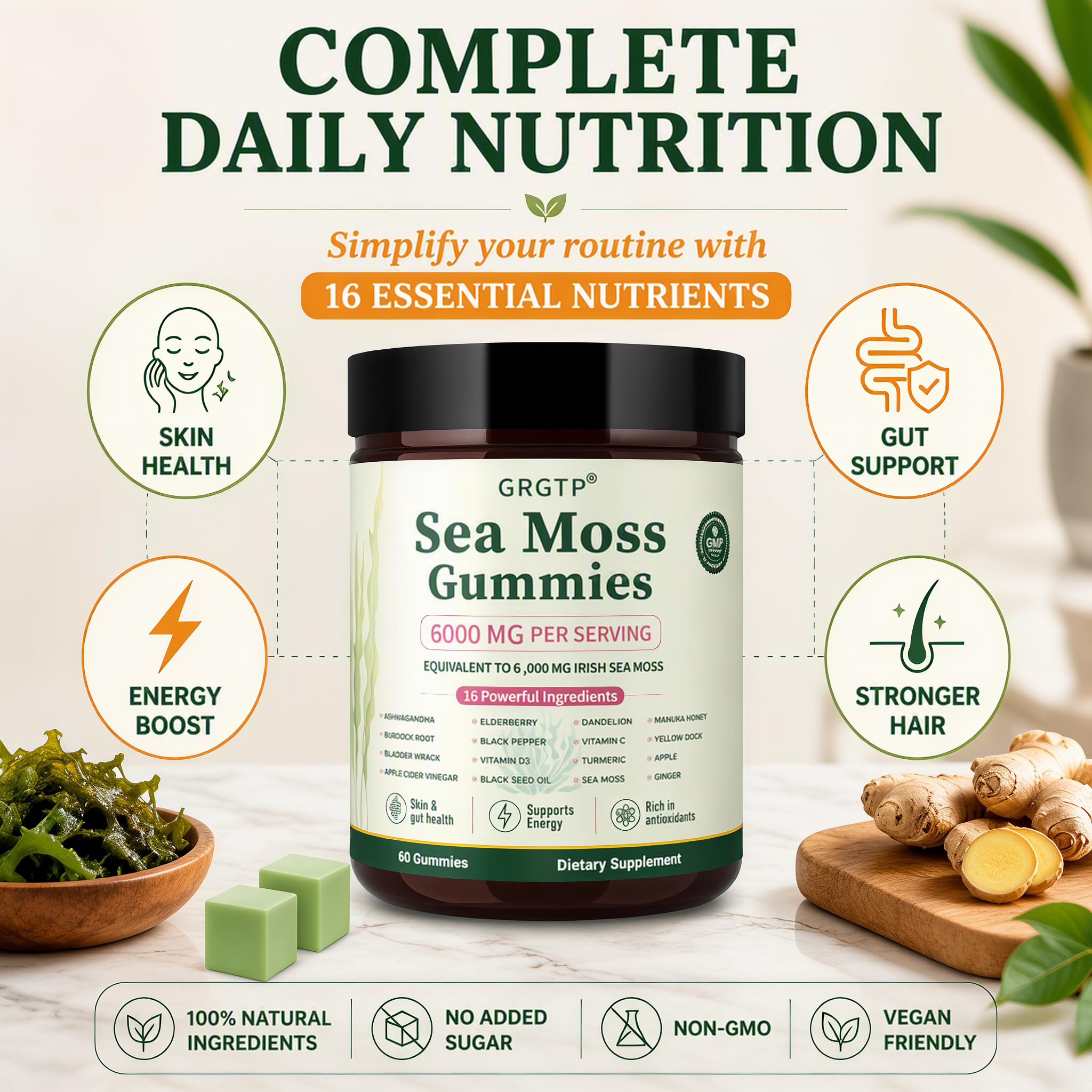 Sea Moss Gummies 16-in-1 - Ashwagandha Black Seed Oil Bladder Wrack Turmeric Vitamin C & D3 with Manuka Burdock Root Dandelion Yellow Dock Natural Detox & Liver Health Immune Support, Energy Boost — Amazon image 3