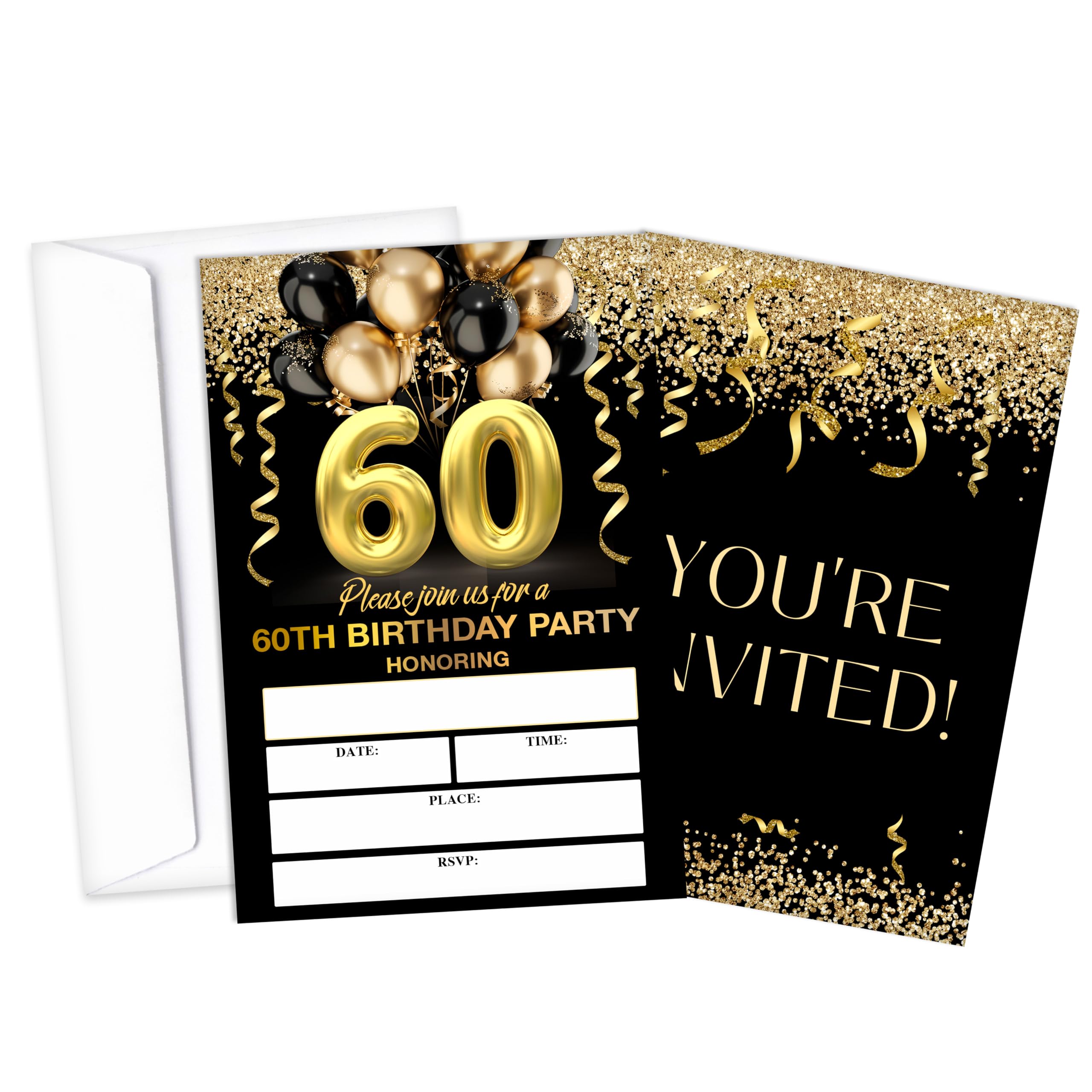 CTLHKY 60th Birthday Invitations, Black Gold Balloon Birthday Invitations, 60 Year Old Birthday Invites For Woman Man, Birthday Party Favors