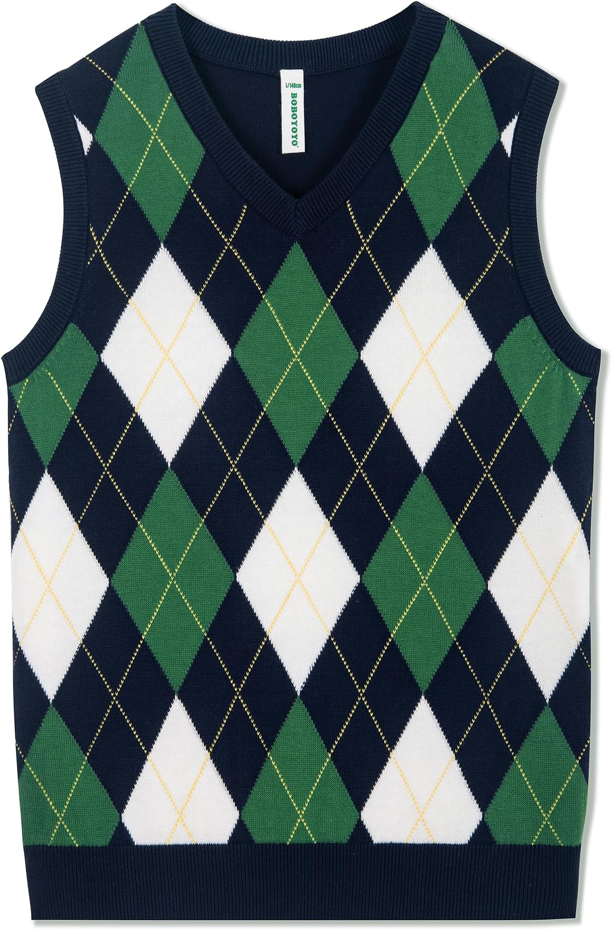 BOBOYOYOBoys Argyle Sweater Vest 100% Cotton V-Neck Vest Kids Uniform Sleeveless Sweaters for Children 5-12Y