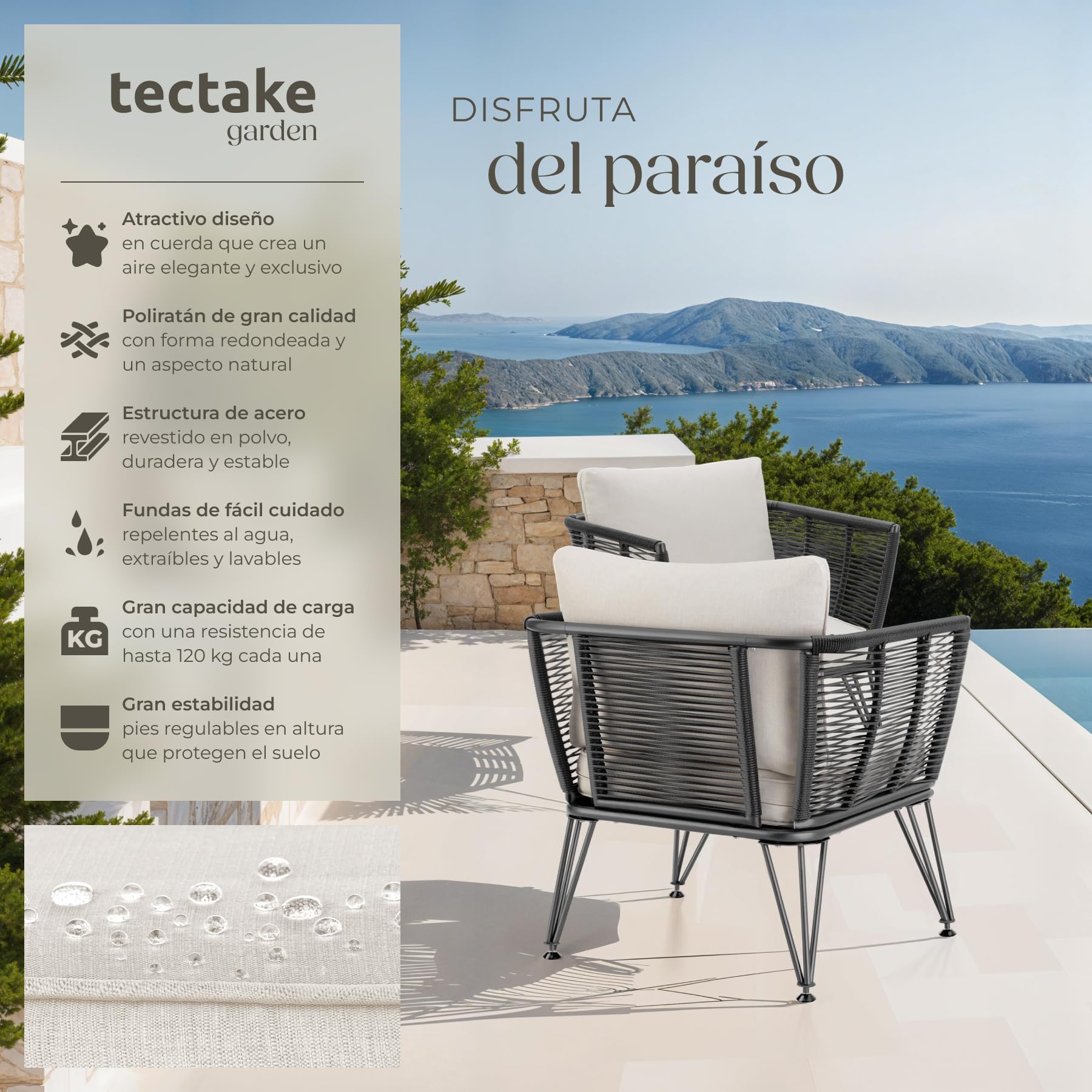 tectake® Sillas de Jardin Exterior de Ratán, Sillones de Jardin, Cojines, Sillas Exterior Resistente a la Intemperie, Sillones para Terrazas, Muebles de Jardín, Butacas de jardín - 2 Sillas