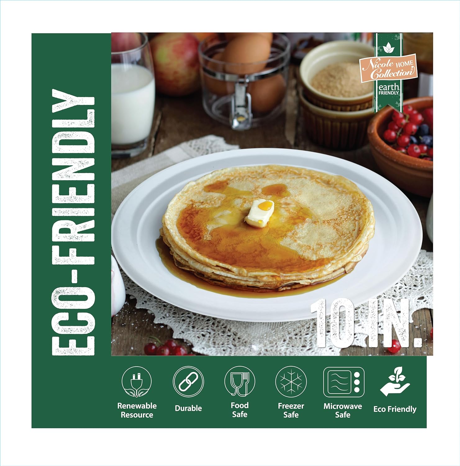Nicole Home Collection 600 Count 100% Compostable Heavy Duty 10" Disposable Paper Plates Bagasse Biodegradable Eco-Friendly Natural Sugarcane