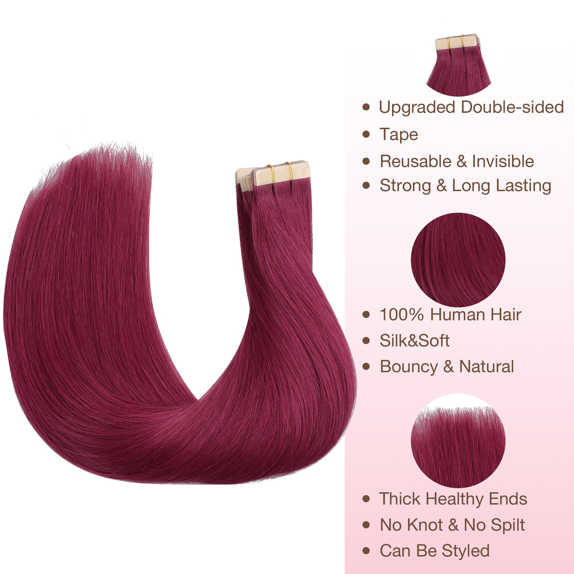 GOO GOO Tape in Hair Extensions Human Hair, Burgundy Red 10pcs 30g 22inch, Colored Tape ins Human Hair Extensions - Image 2